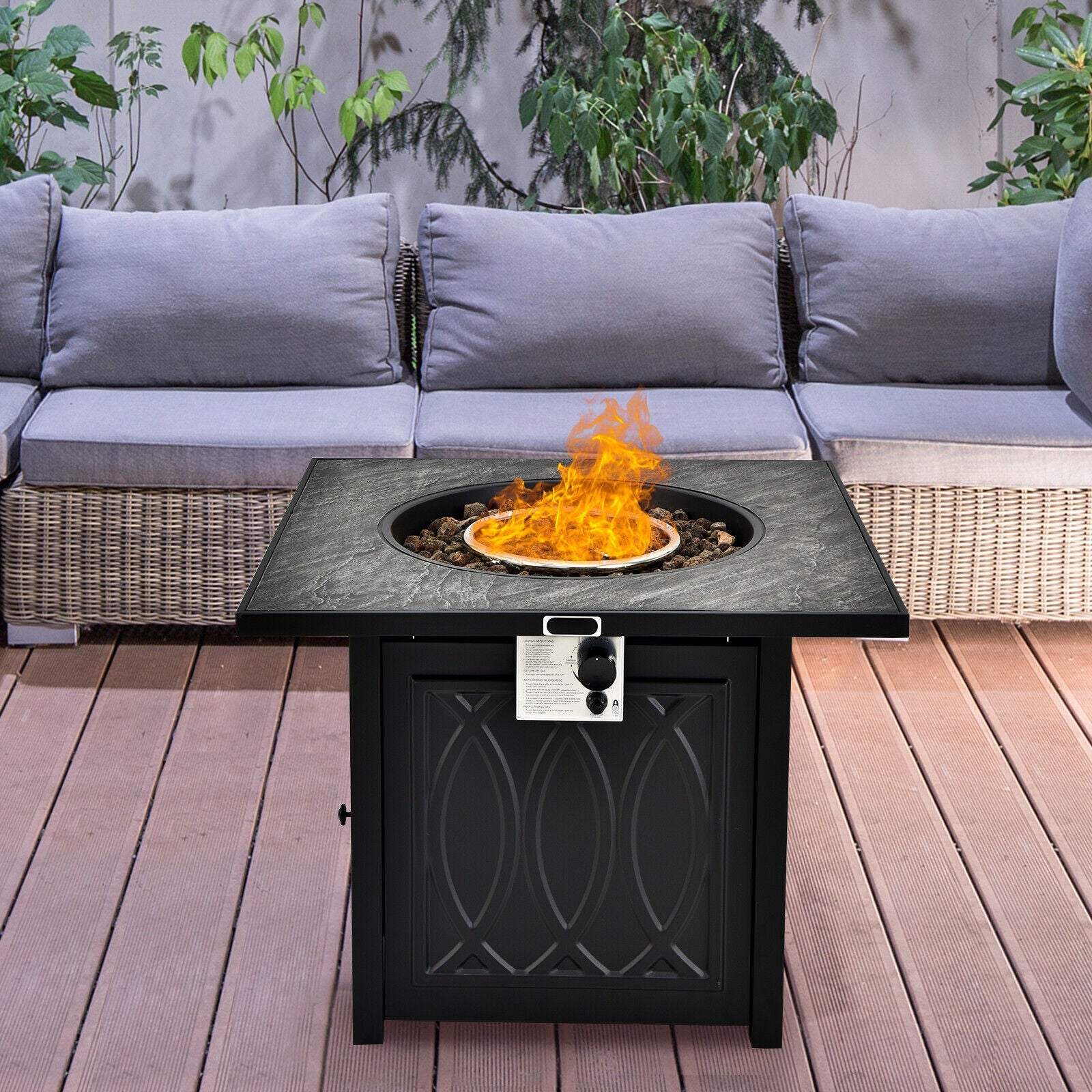 32 Inch Propane Fire Pit Table Square Tabletop with Lava Rocks Cover 50000 BTU-Black - Energize Trek