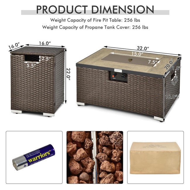 32" Propane Rattan Fire Pit Table Set W/ Side Table Tank & Cover (90165397) - Energize Trek