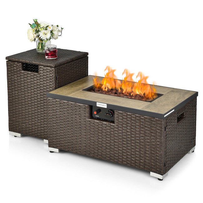 32" Propane Rattan Fire Pit Table Set W/ Side Table Tank & Cover (90165397) - Energize Trek