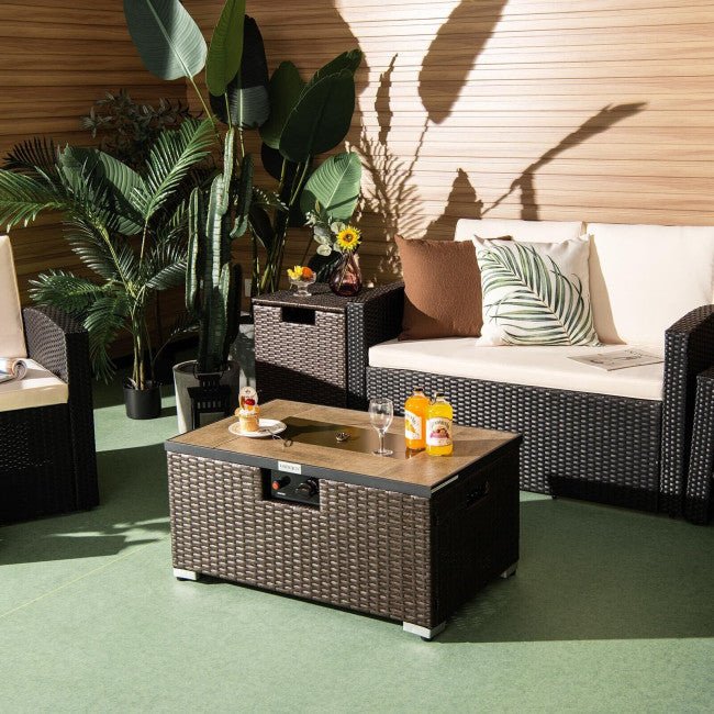32" Propane Rattan Fire Pit Table Set W/ Side Table Tank & Cover (90165397) - Energize Trek