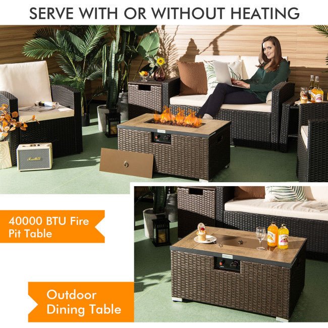 32" Propane Rattan Fire Pit Table Set W/ Side Table Tank & Cover (90165397) - Energize Trek