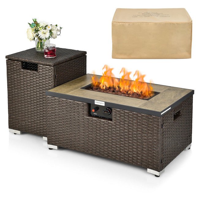 32" Propane Rattan Fire Pit Table Set W/ Side Table Tank & Cover (90165397) - Energize Trek