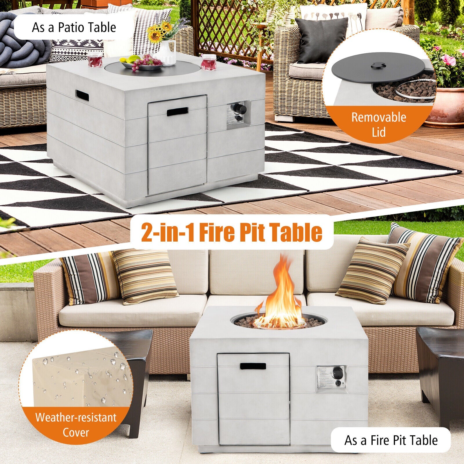 34 Inch Square Concrete Propane Fire Pit Table with Lava Rocks and Cover 50 000 BTU-Gray - Energize Trek