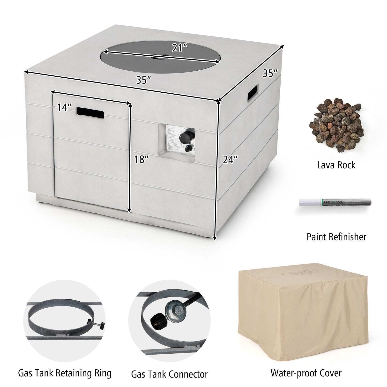 34 Inch Square Concrete Propane Fire Pit Table with Lava Rocks and Cover 50 000 BTU-Gray - Energize Trek