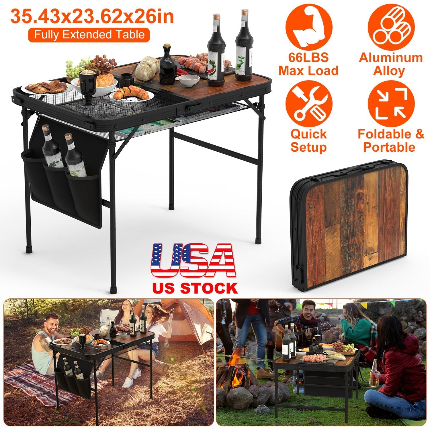 35.43x23.62x26in Foldable Camping Table Collapsible Picnic Aluminum Alloy Grill Stand 66LBS Max Load Height Adjustable BBQ Table with Adjustable Heigh - Energize Trek