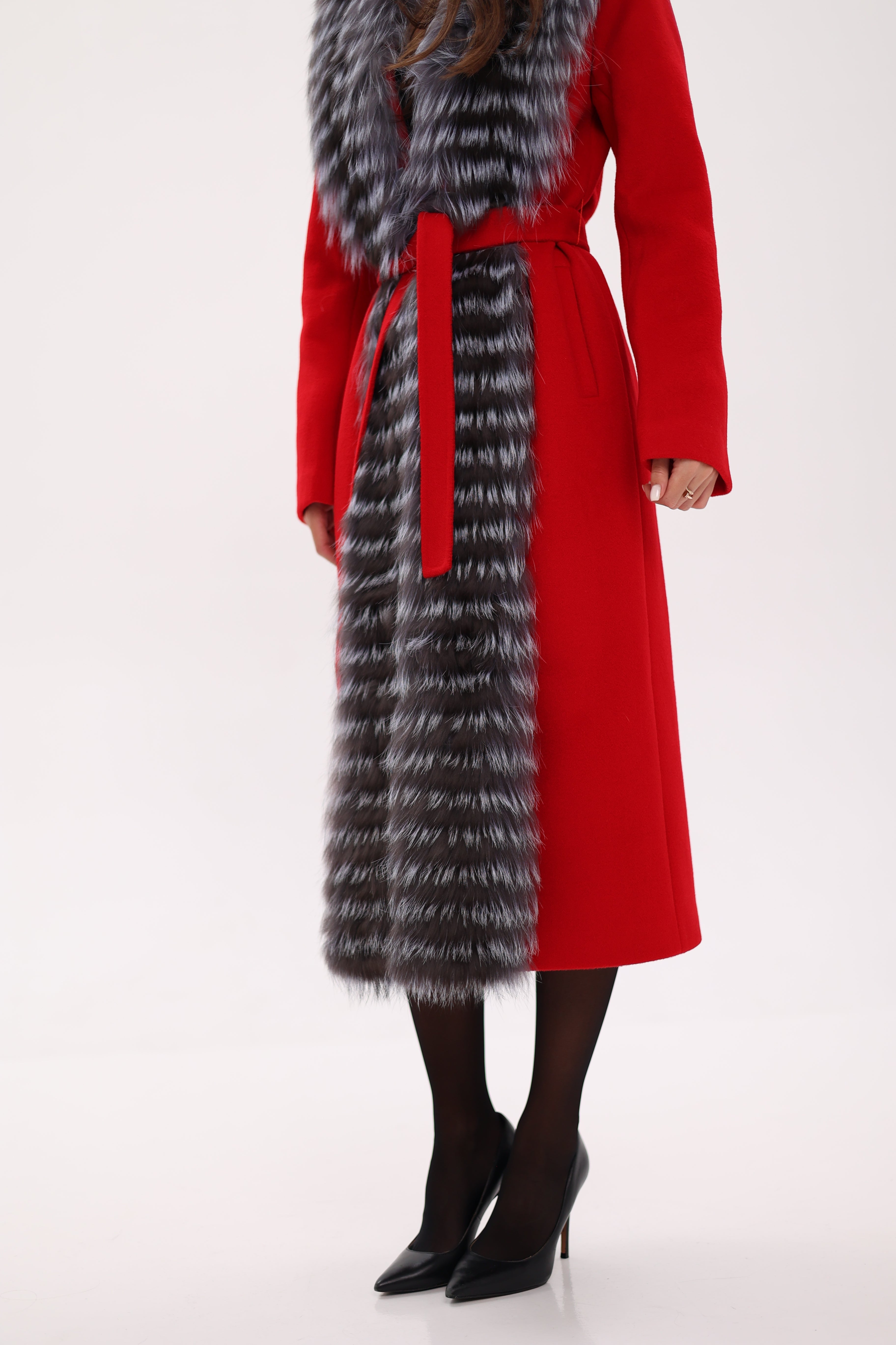 Genuine Silver Fox Virgin Wool Wrap Coat in Red - Energize Trek