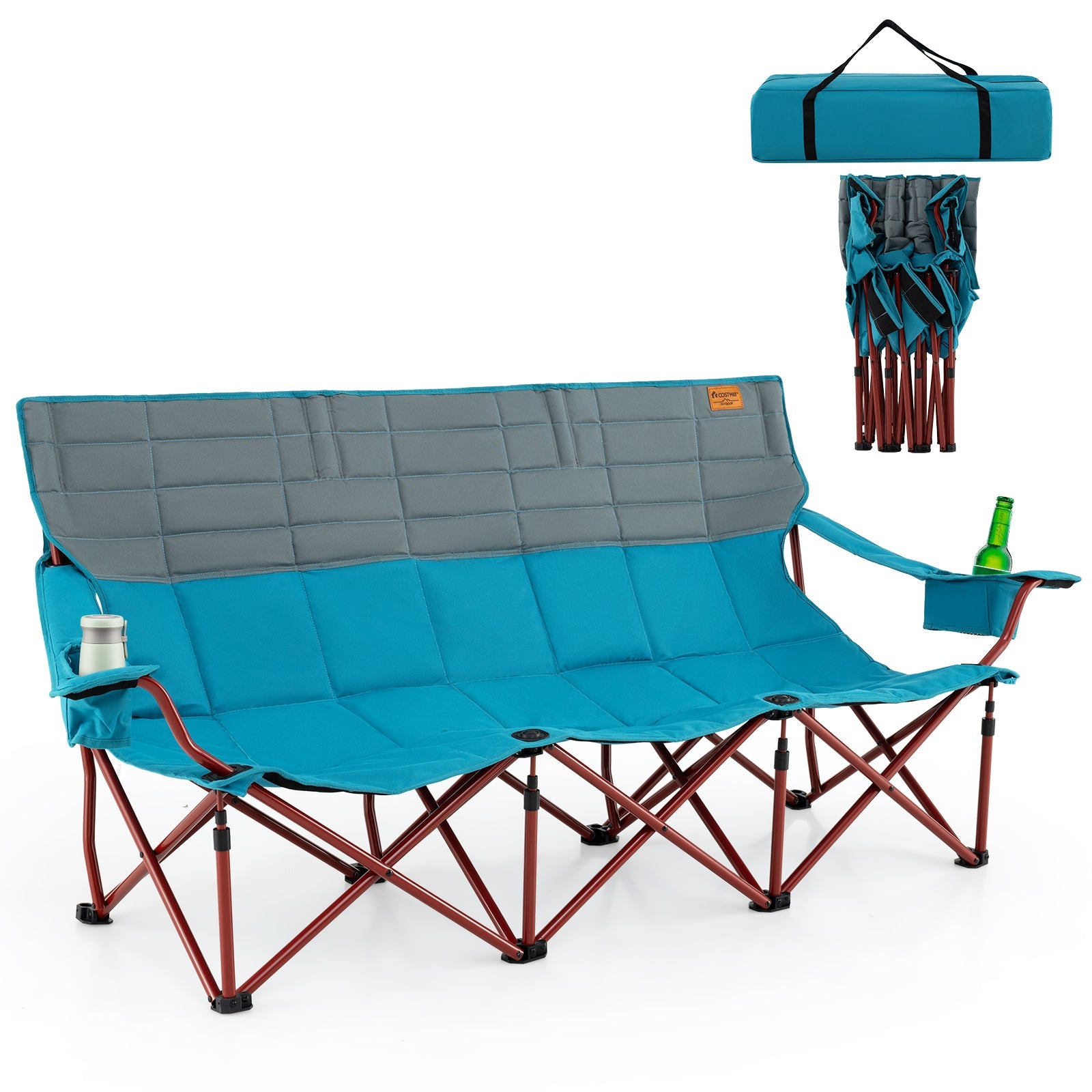 3 Person Folding Camping Chair with 2 Cup Holders Cotton Padding & Storage Bag