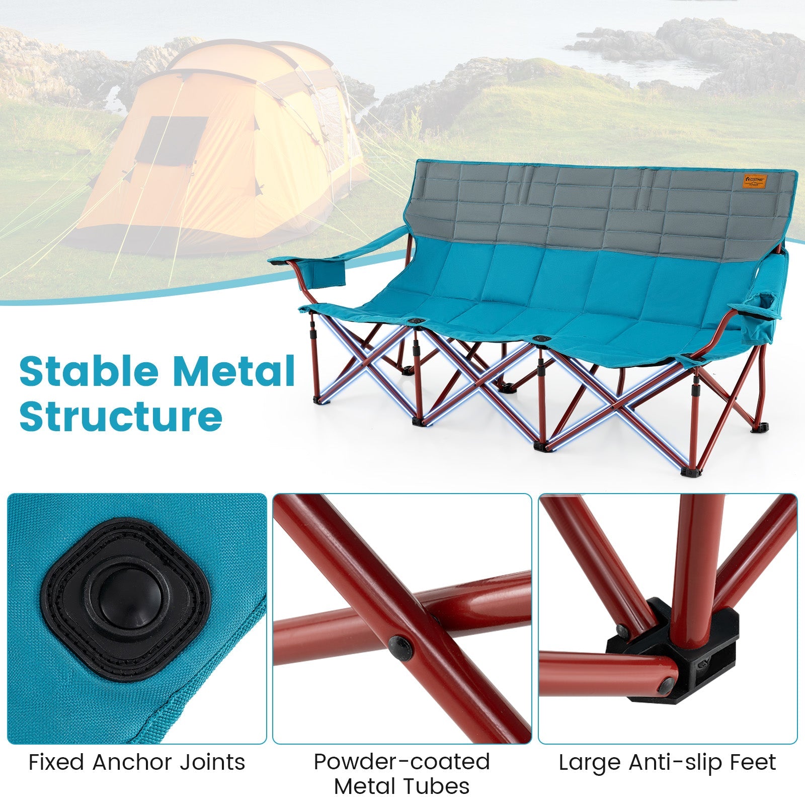 3 Person Folding Camping Chair with 2 Cup Holders Cotton Padding & Storage Bag