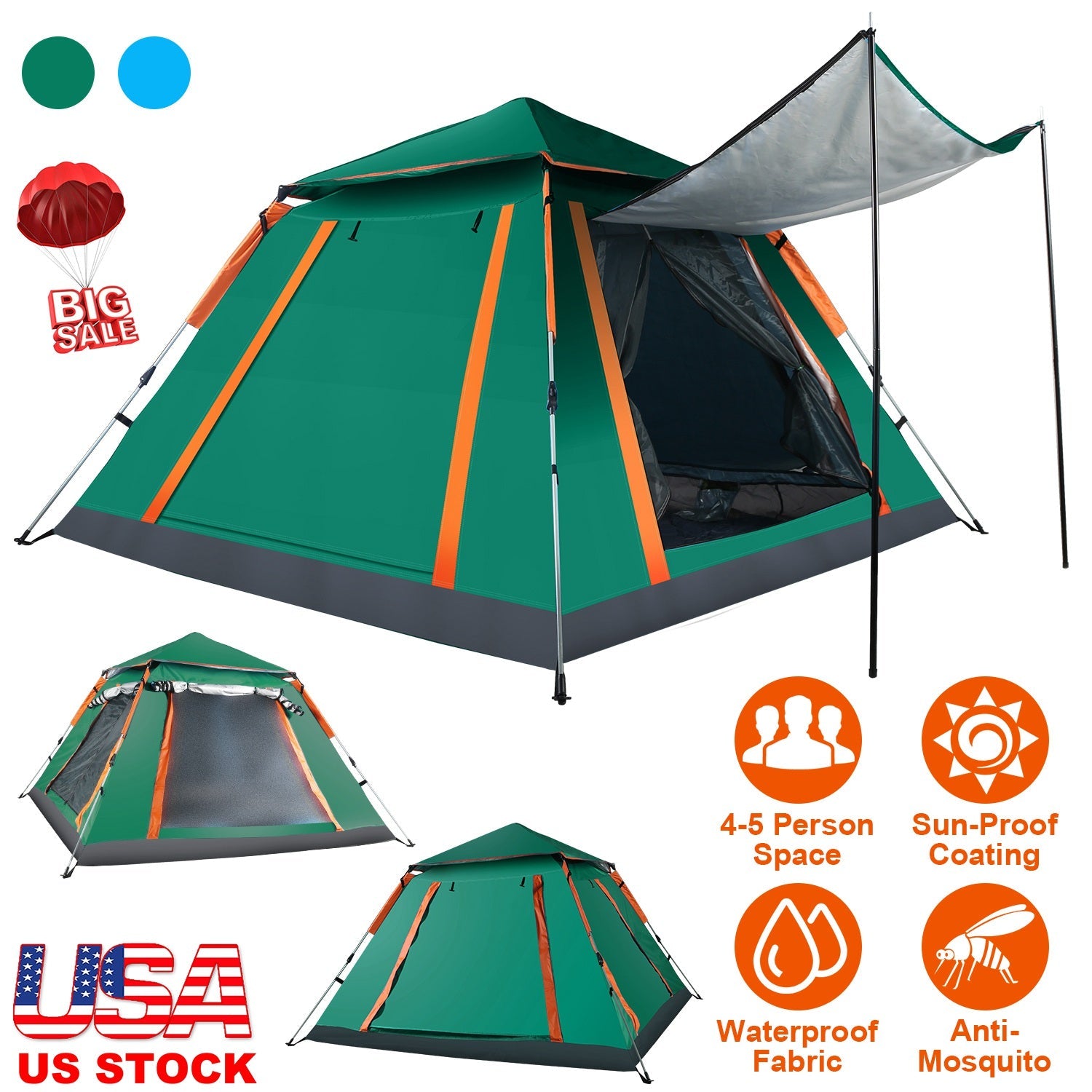 4-5 Person Camping Tent Outdoor Foldable Waterproof Tent with 2 Mosquito Nets Windows Carrying Bag for Hiking Climbing Adventure Fishing - Energize Trek