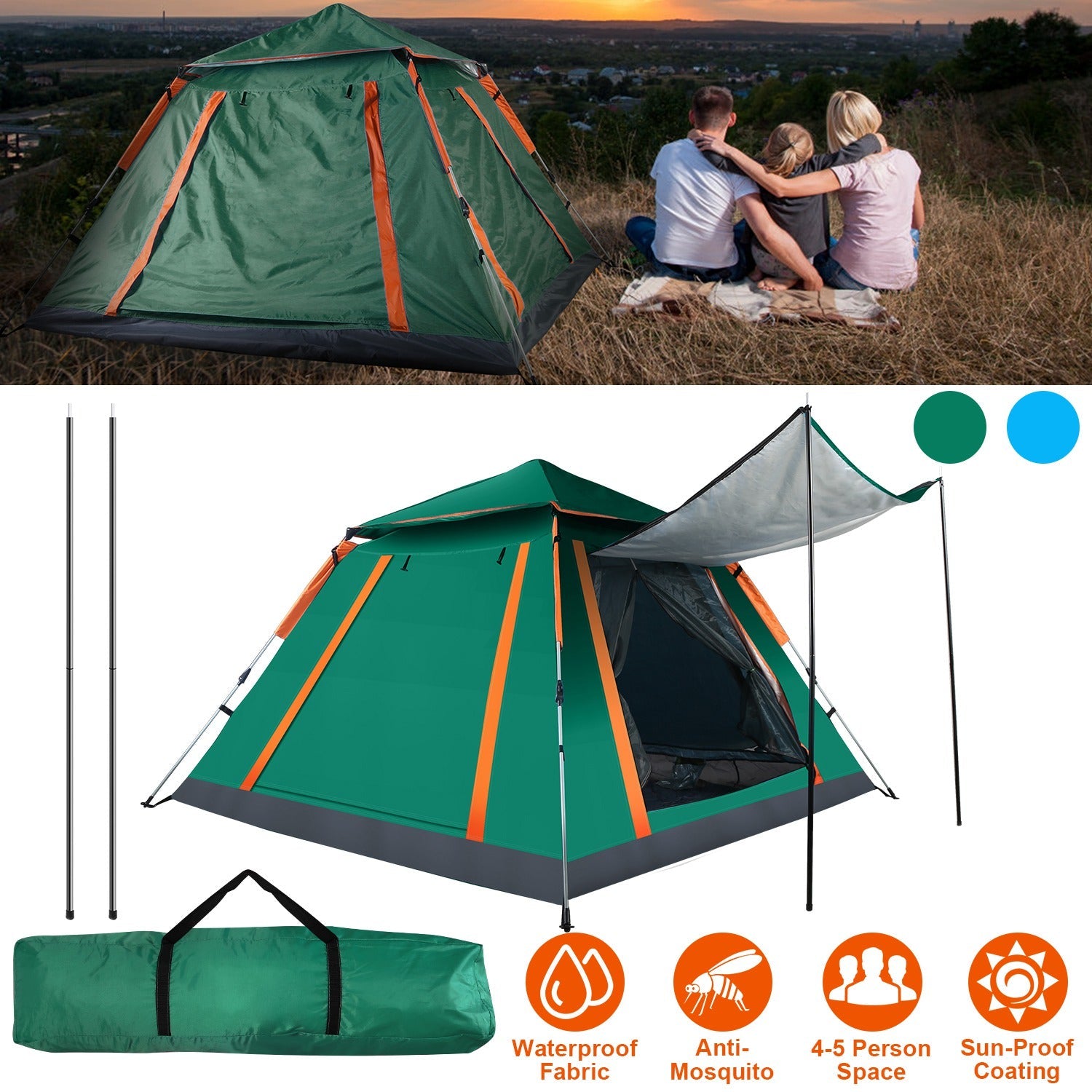 4-5 Person Camping Tent Outdoor Foldable Waterproof Tent with 2 Mosquito Nets Windows Carrying Bag for Hiking Climbing Adventure Fishing - Energize Trek