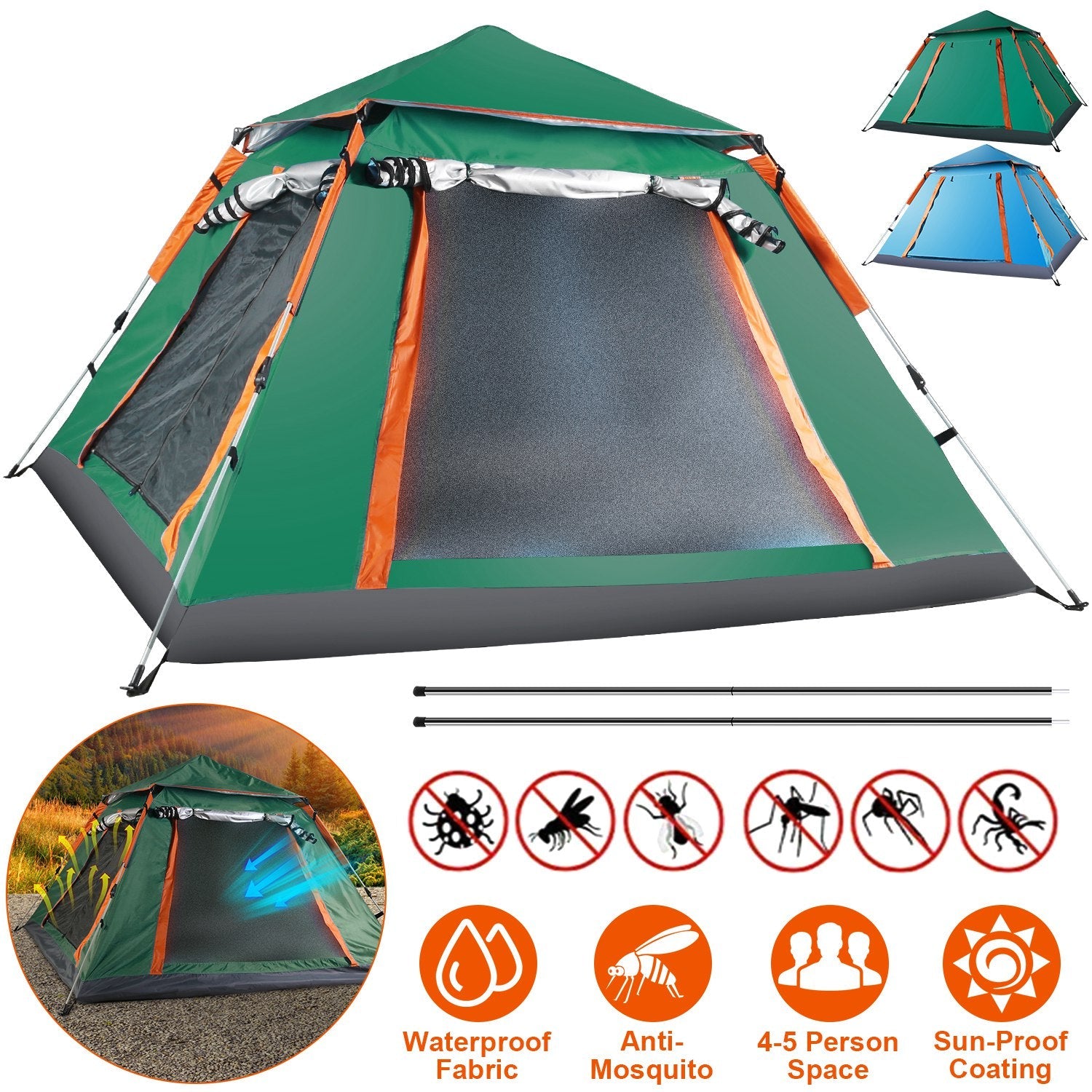 4-5 Person Camping Tent Outdoor Foldable Waterproof Tent with 2 Mosquito Nets Windows Carrying Bag for Hiking Climbing Adventure Fishing - Energize Trek