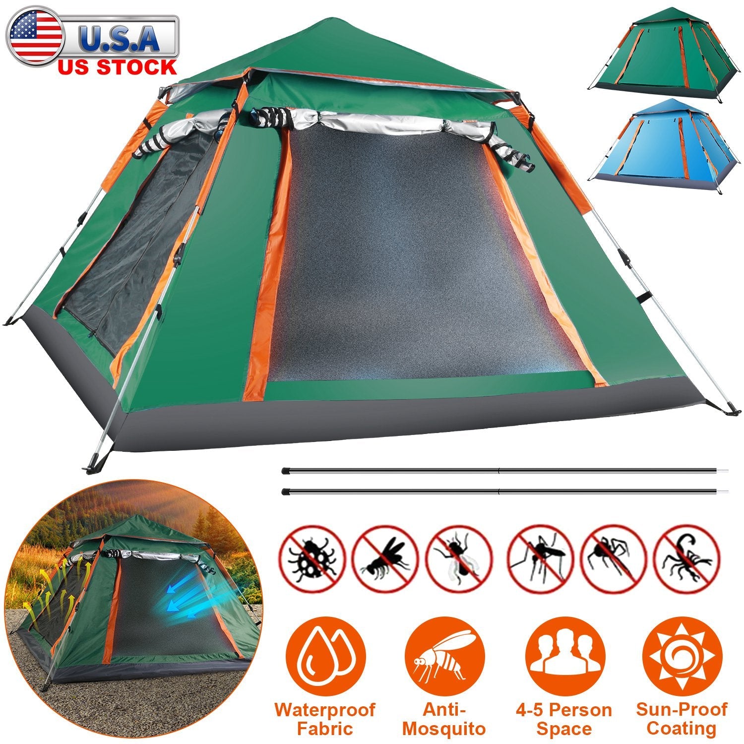 4-5 Person Camping Tent Outdoor Foldable Waterproof Tent with 2 Mosquito Nets Windows Carrying Bag for Hiking Climbing Adventure Fishing - Energize Trek