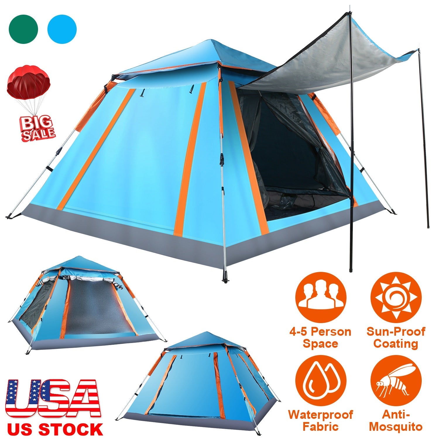 4-5 Person Camping Tent Outdoor Foldable Waterproof Tent with 2 Mosquito Nets Windows Carrying Bag for Hiking Climbing Adventure Fishing - Energize Trek