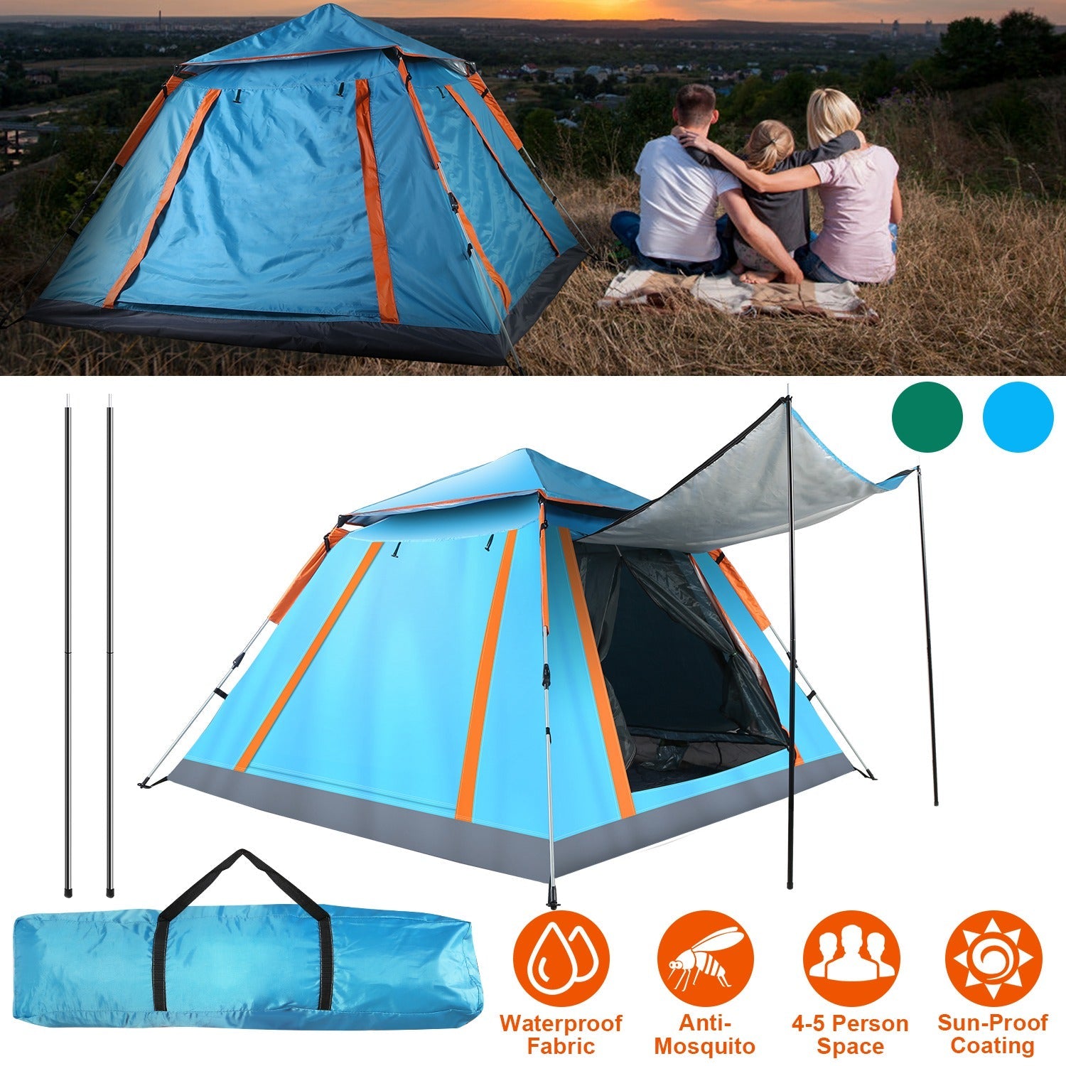 4-5 Person Camping Tent Outdoor Foldable Waterproof Tent with 2 Mosquito Nets Windows Carrying Bag for Hiking Climbing Adventure Fishing - Energize Trek