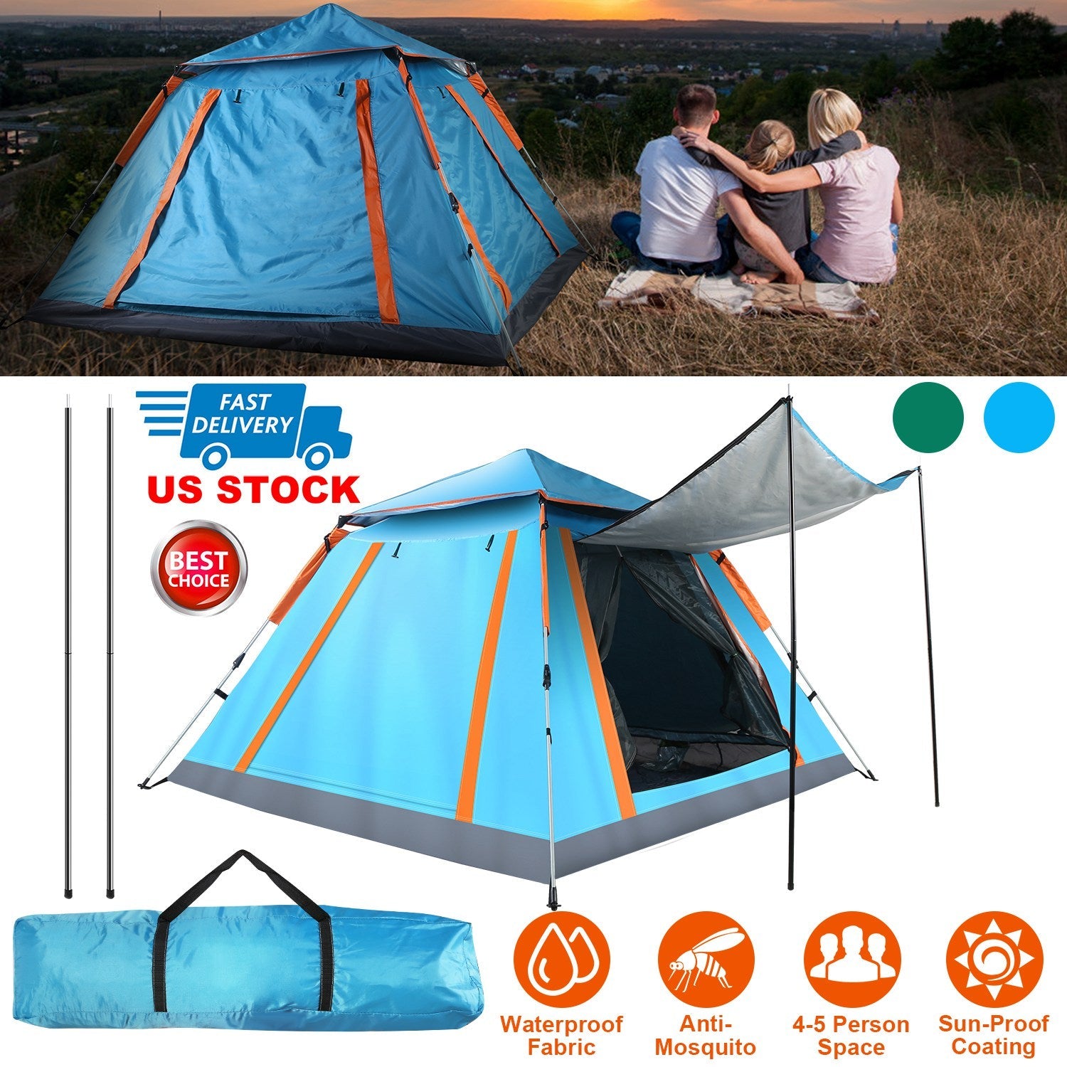 4-5 Person Camping Tent Outdoor Foldable Waterproof Tent with 2 Mosquito Nets Windows Carrying Bag for Hiking Climbing Adventure Fishing - Energize Trek