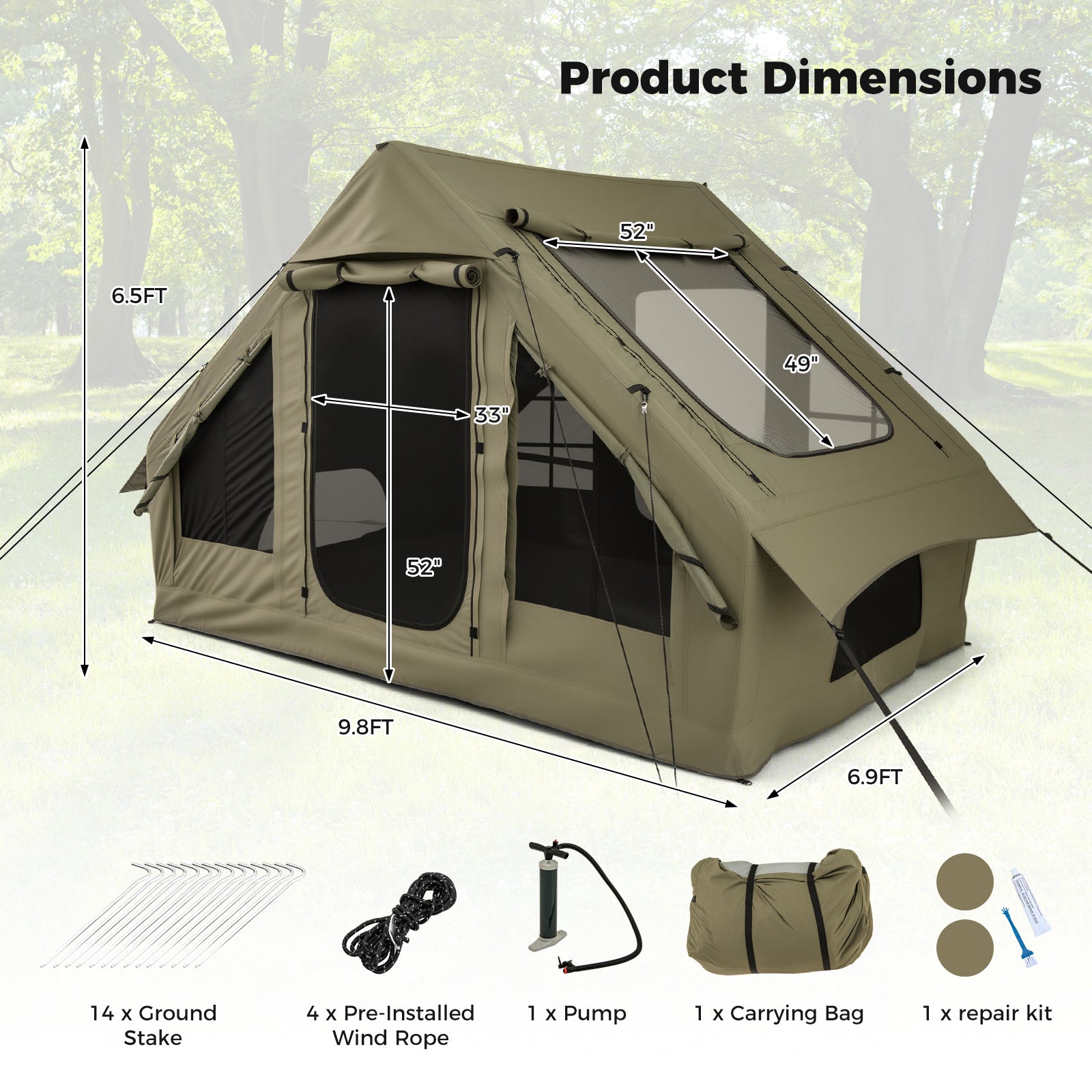 4-6 People Inflatable Camping Tent with 4 Mesh Screen Windows and 2 Doors - Energize Trek