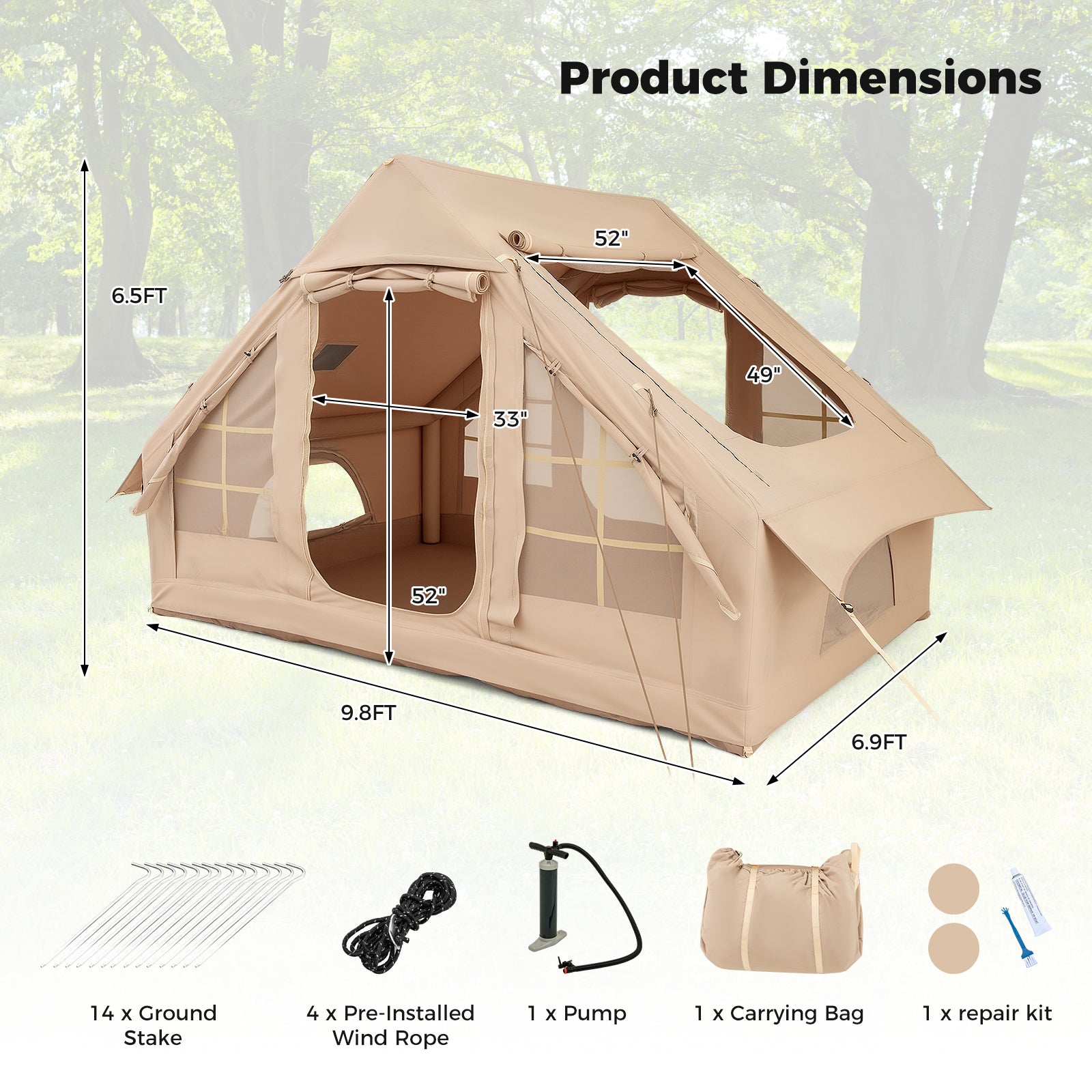 4-6 People Inflatable Camping Tent with 4 Mesh Screen Windows and 2 Doors - Energize Trek