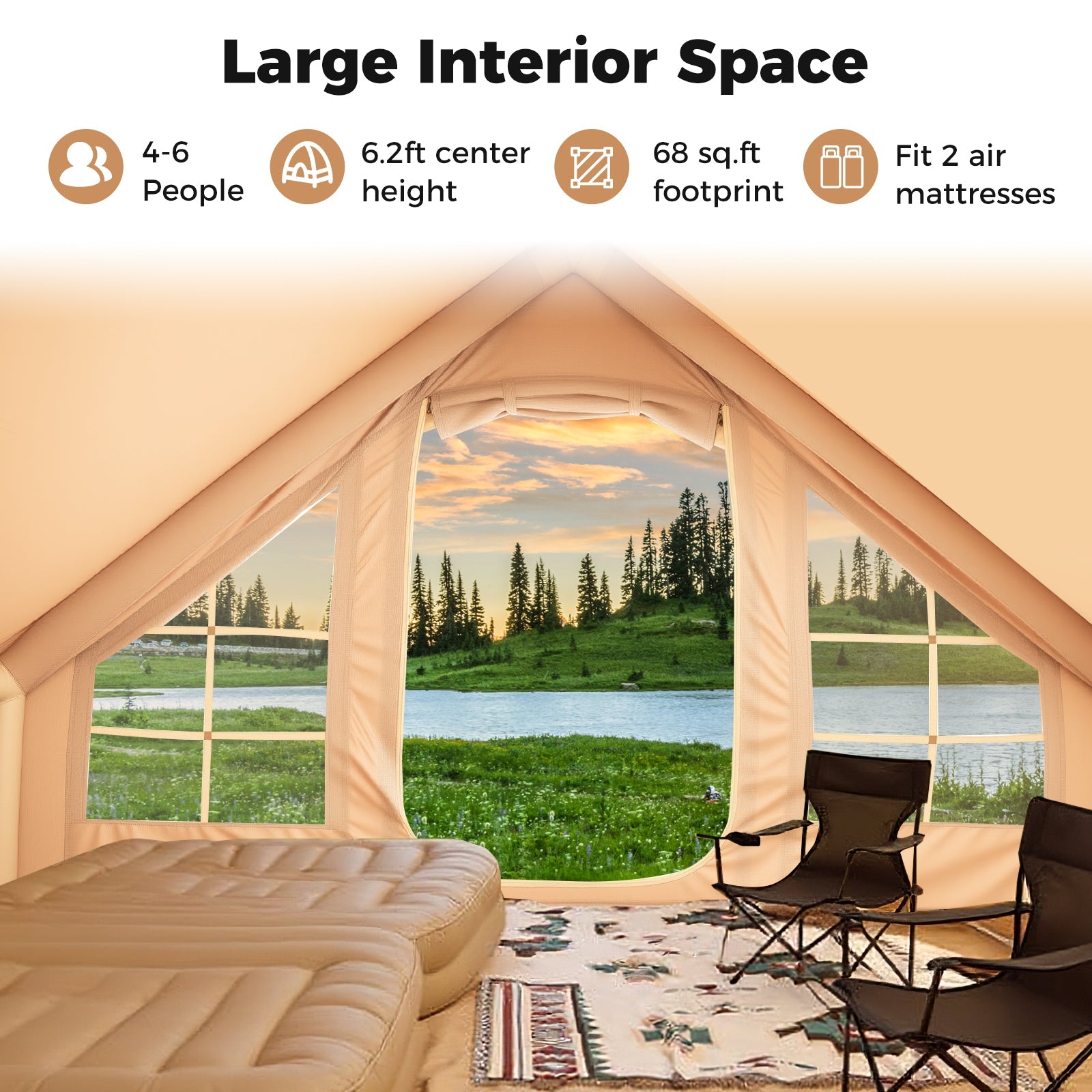 4-6 People Inflatable Camping Tent with 4 Mesh Screen Windows and 2 Doors - Energize Trek