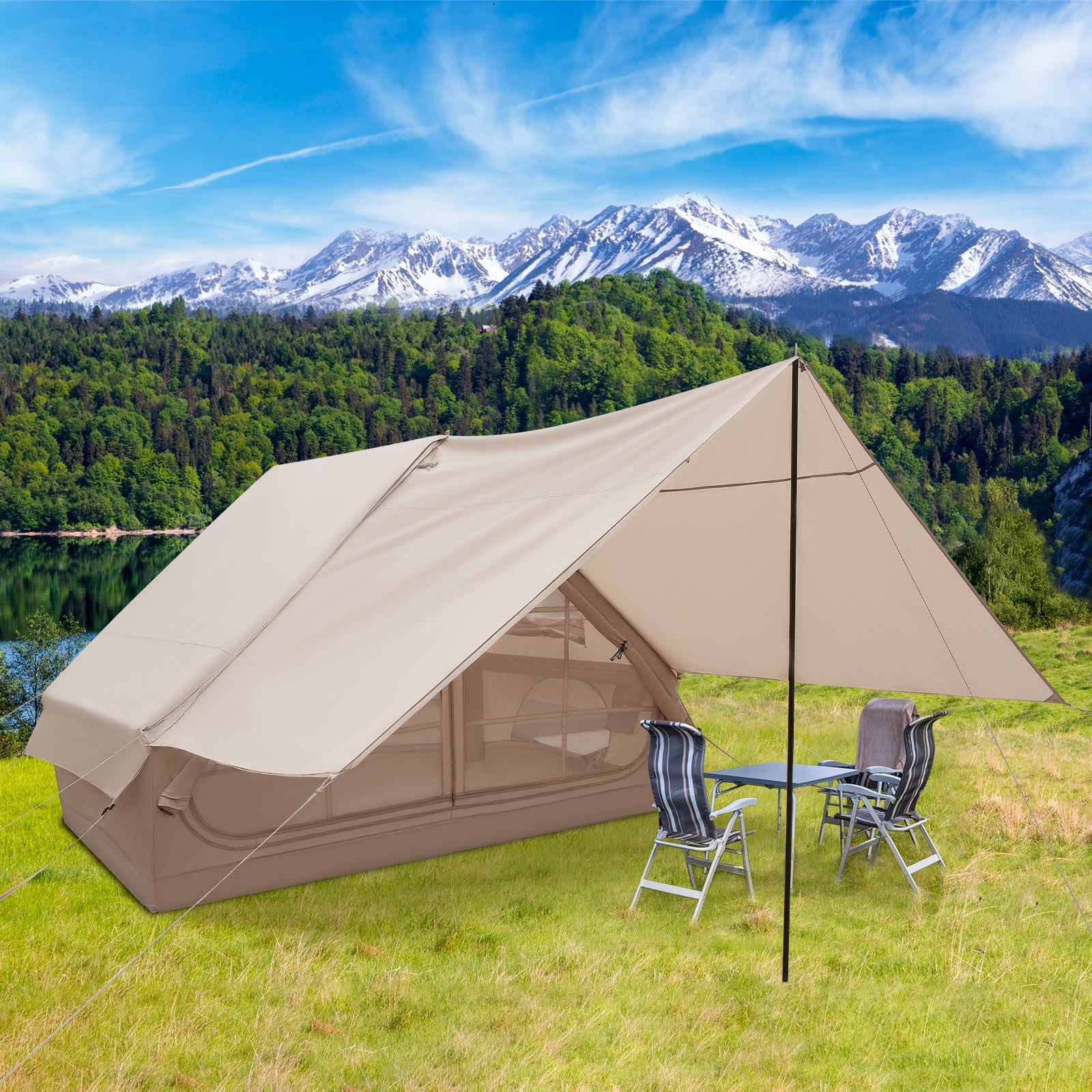 4-6 People Inflatable Camping Tent with Porch and Carrying Bag-Beige - Energize Trek