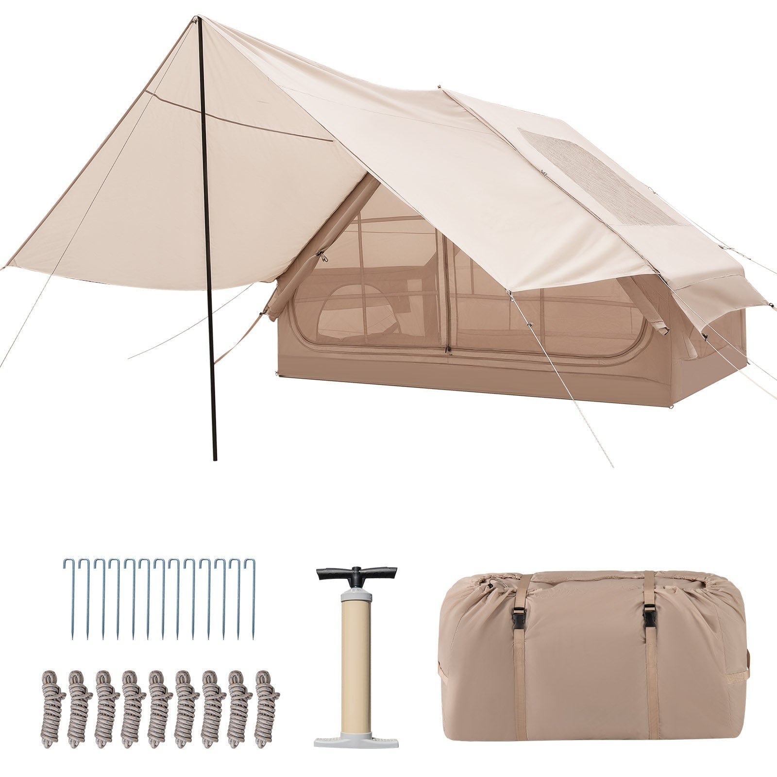 4-6 People Inflatable Camping Tent with Porch and Carrying Bag-Beige - Energize Trek