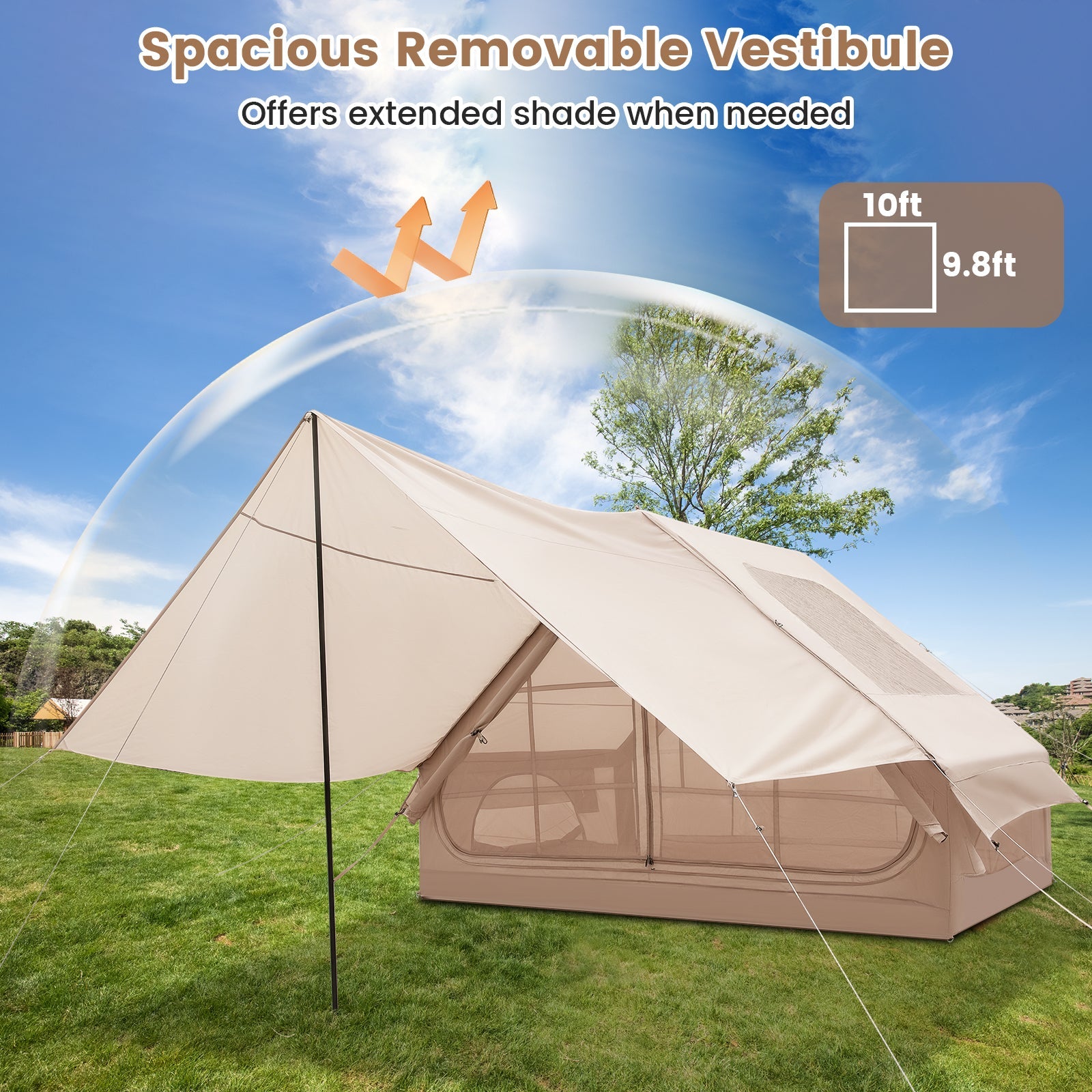 4-6 People Inflatable Camping Tent with Porch and Carrying Bag-Beige - Energize Trek