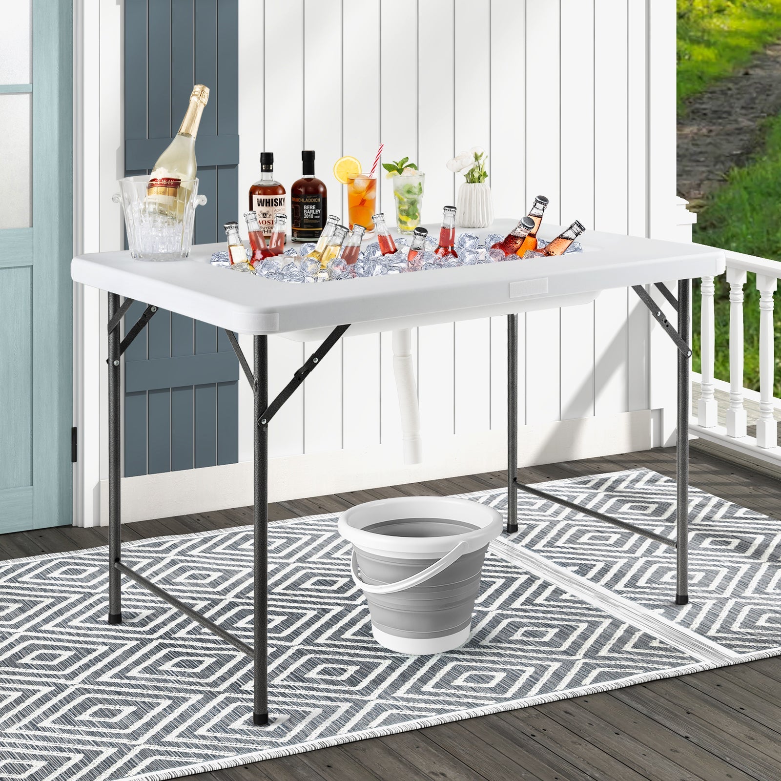 4 Feet Folding Ice Bin Table with Skirt for Camping Picnic Wedding with Ice Bucket-White - Energize Trek