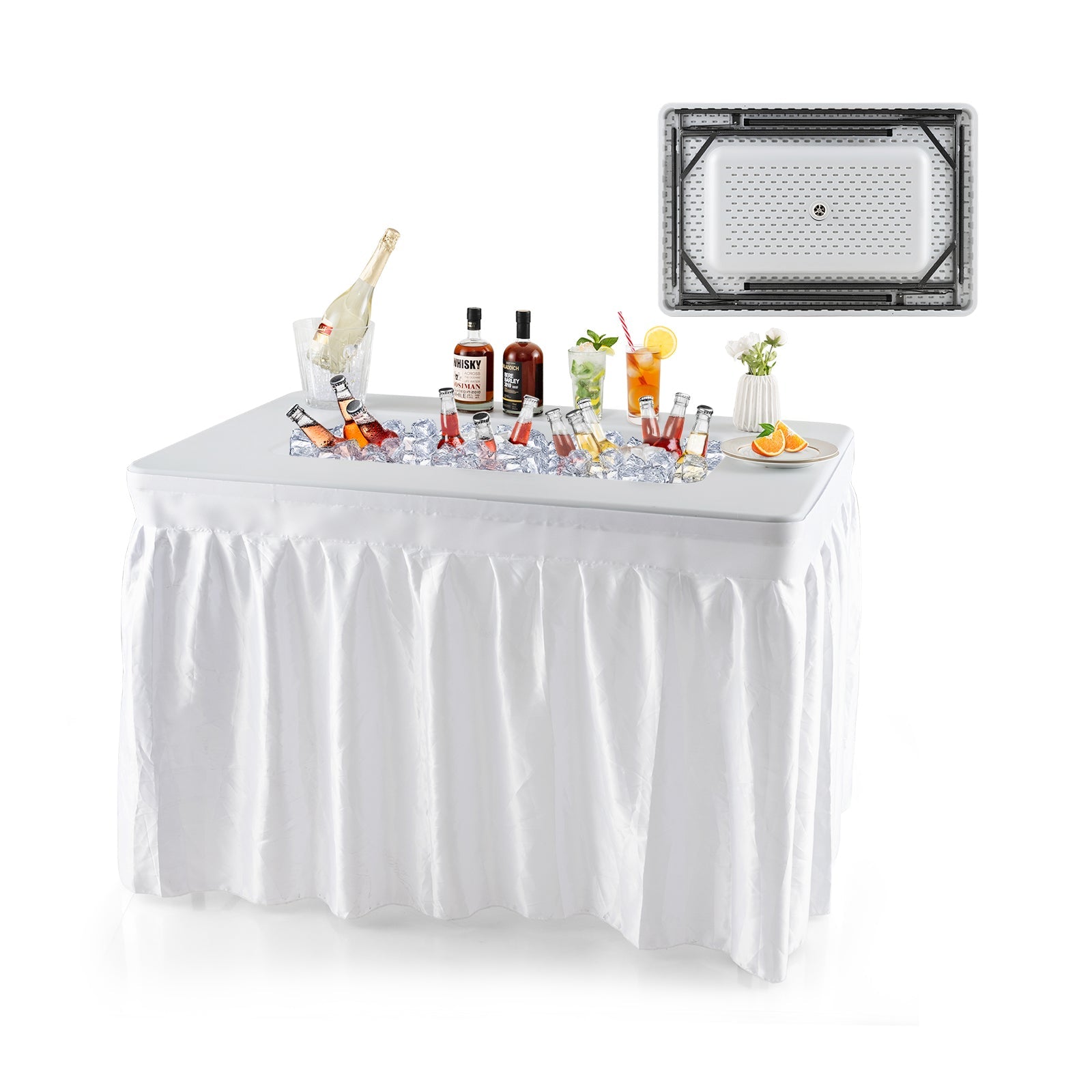 4 Feet Folding Ice Bin Table with Skirt for Camping Picnic Wedding with Ice Bucket-White - Energize Trek
