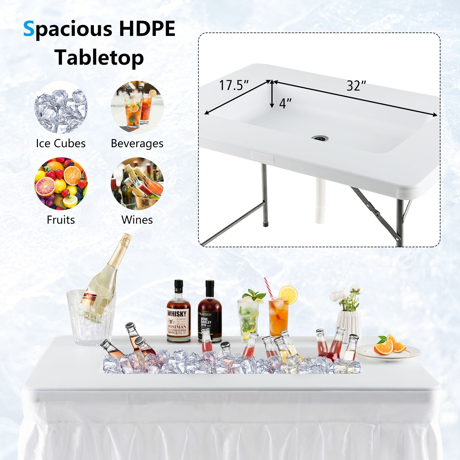 4 Feet Folding Ice Bin Table with Skirt for Camping Picnic Wedding with Ice Bucket-White - Energize Trek