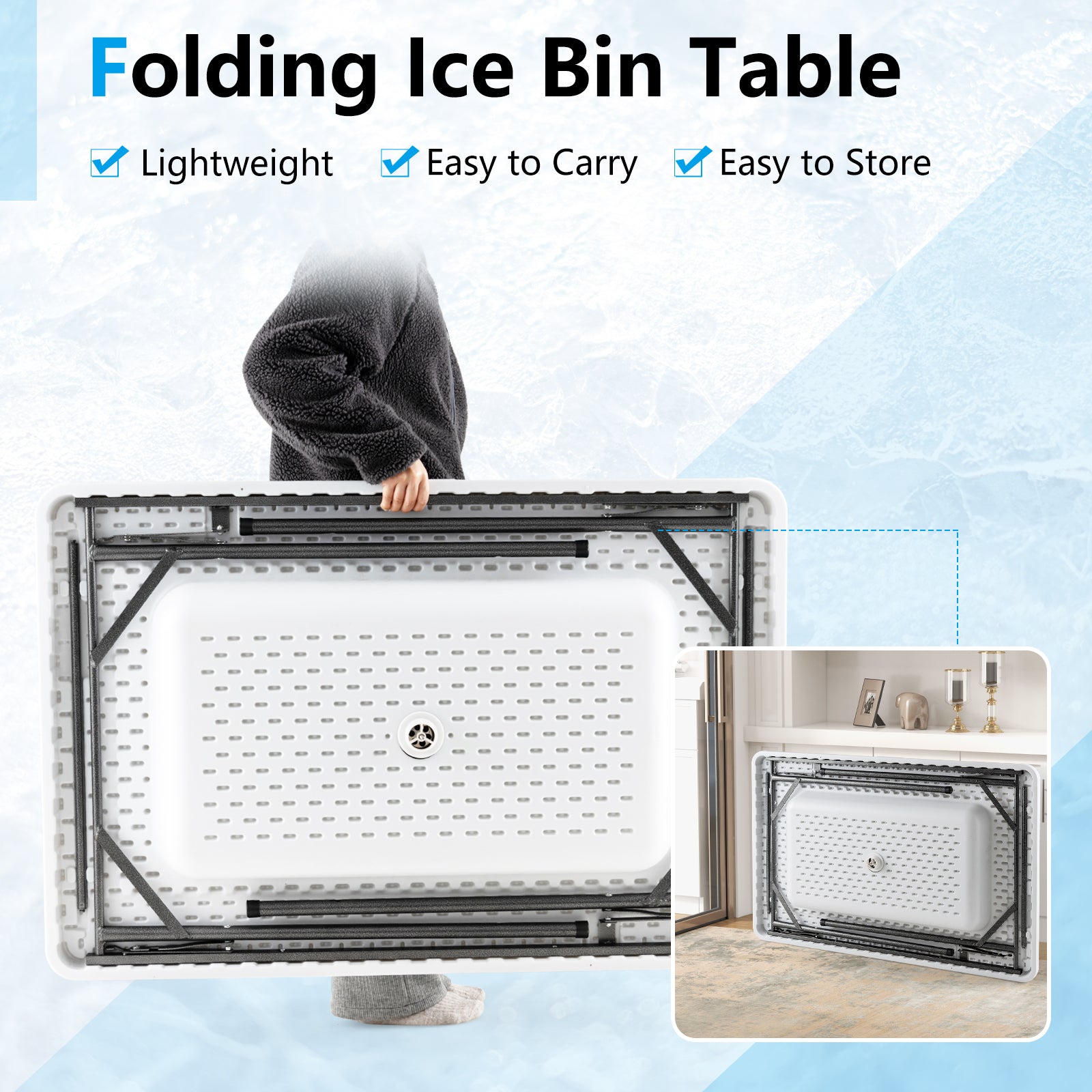 4 Feet Folding Ice Bin Table with Skirt for Camping Picnic Wedding with Ice Bucket-White - Energize Trek