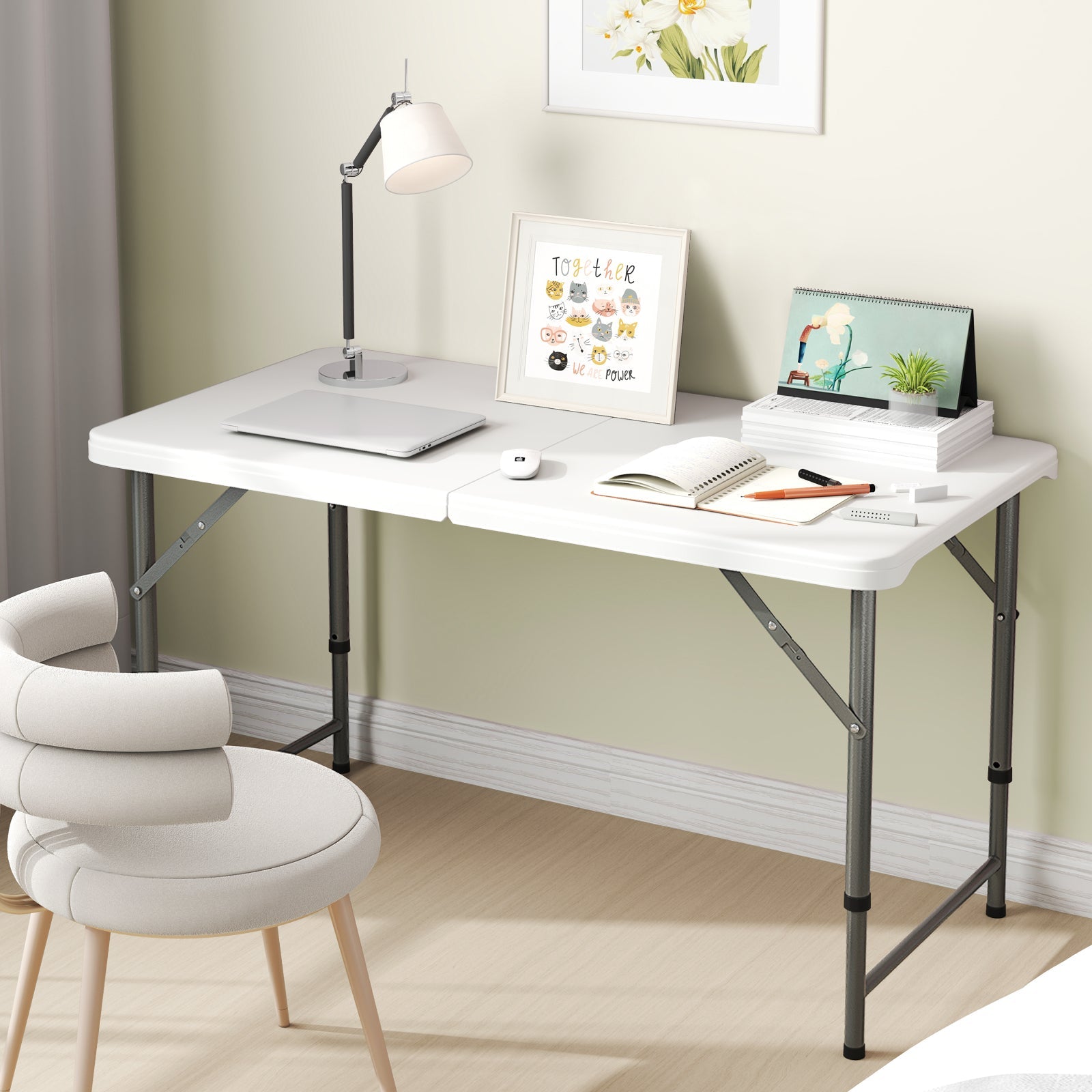 4 Feet Portable Camping Table with HDPE Tabletop and Metal Legs-White - Energize Trek