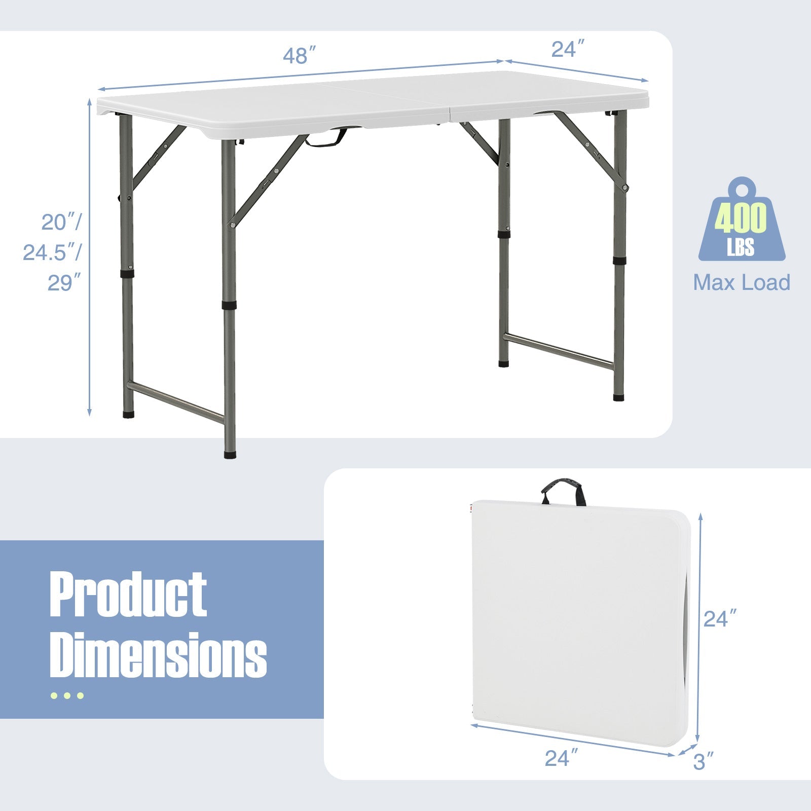 4 Feet Portable Camping Table with HDPE Tabletop and Metal Legs-White - Energize Trek