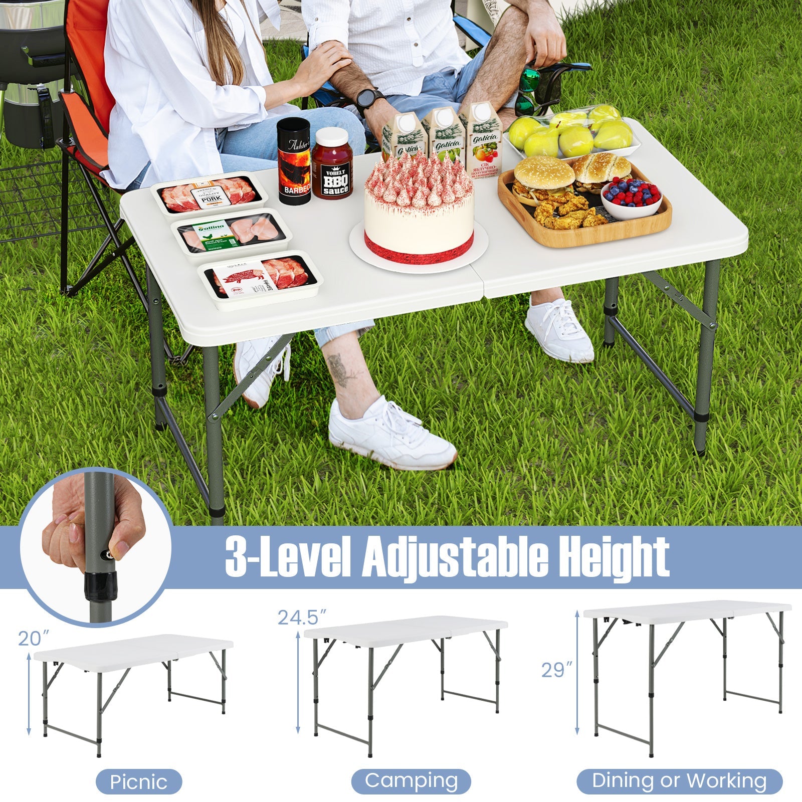 4 Feet Portable Camping Table with HDPE Tabletop and Metal Legs-White - Energize Trek