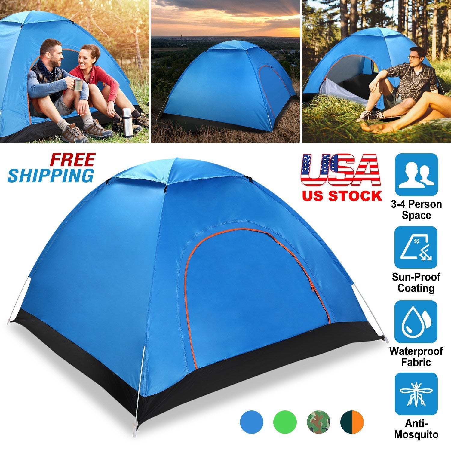 4 Persons Camping Waterproof Tent Pop Up Tent Instant Setup Tent w/2 Mosquito Net Doors Carrying Bag Folding 4 Seasons for Hiking Climbing Adventure F - Energize Trek