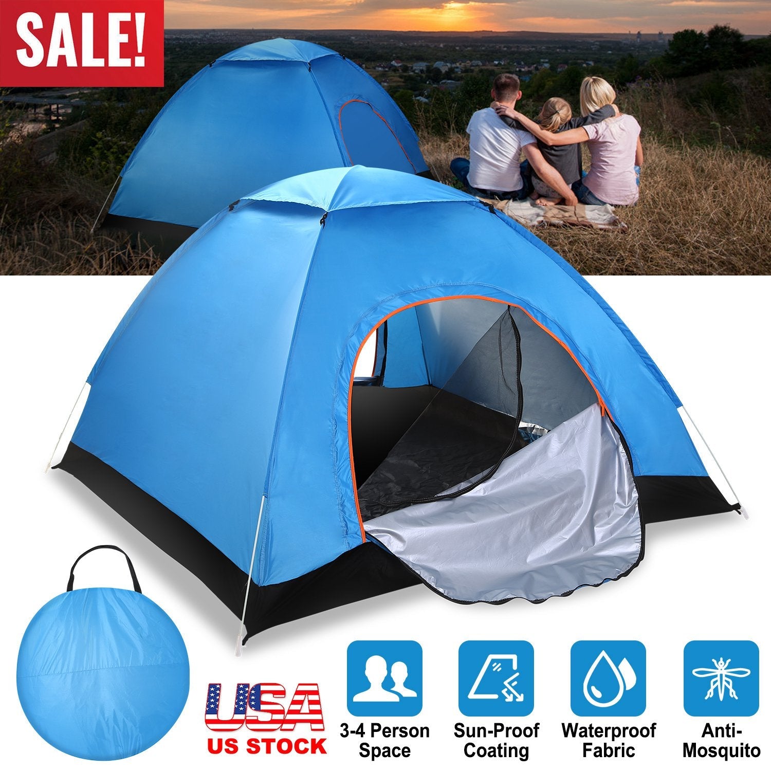 4 Persons Camping Waterproof Tent Pop Up Tent Instant Setup Tent w/2 Mosquito Net Doors Carrying Bag Folding 4 Seasons for Hiking Climbing Adventure F - Energize Trek
