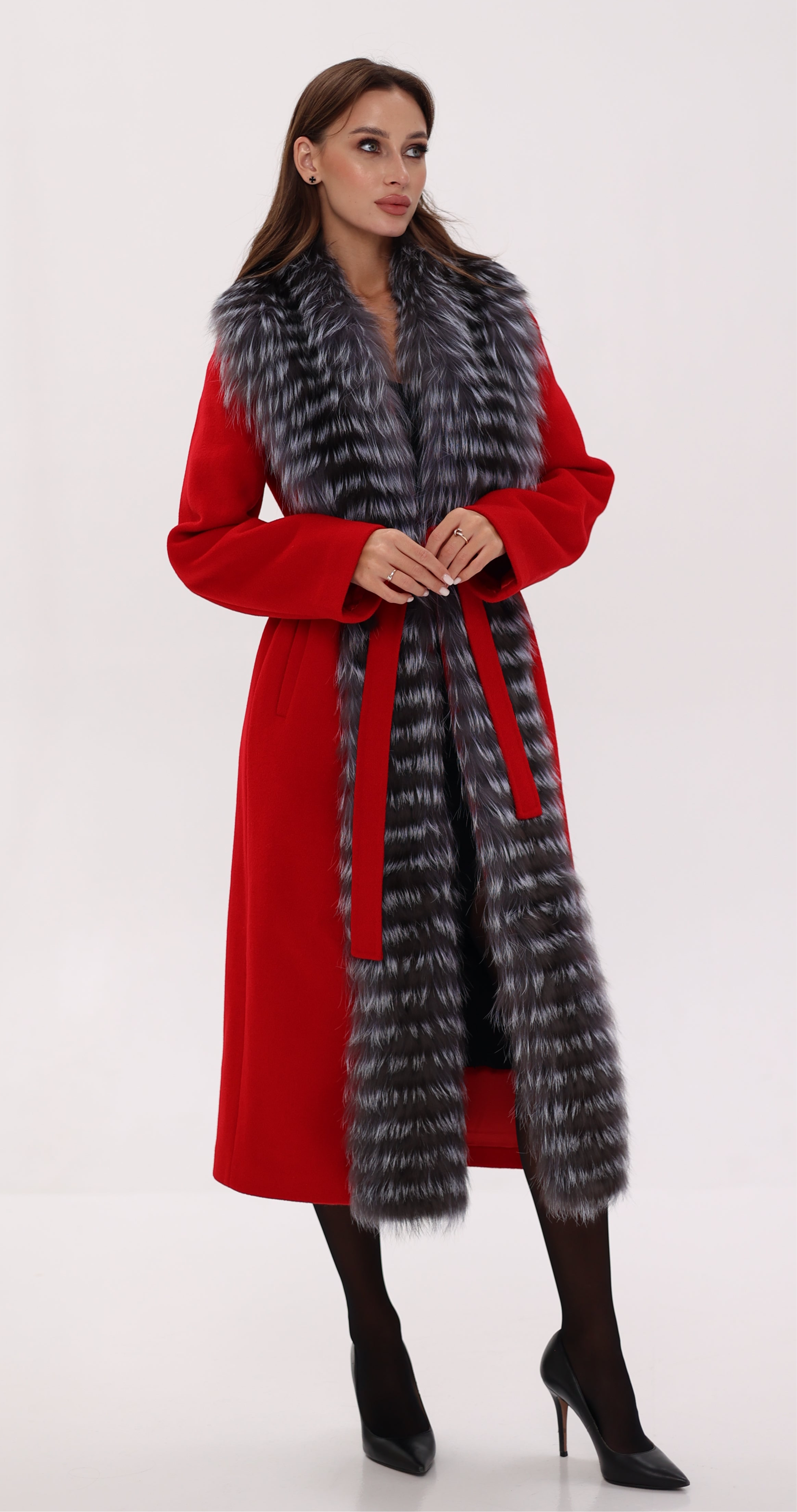 Genuine Silver Fox Virgin Wool Wrap Coat in Red - Energize Trek