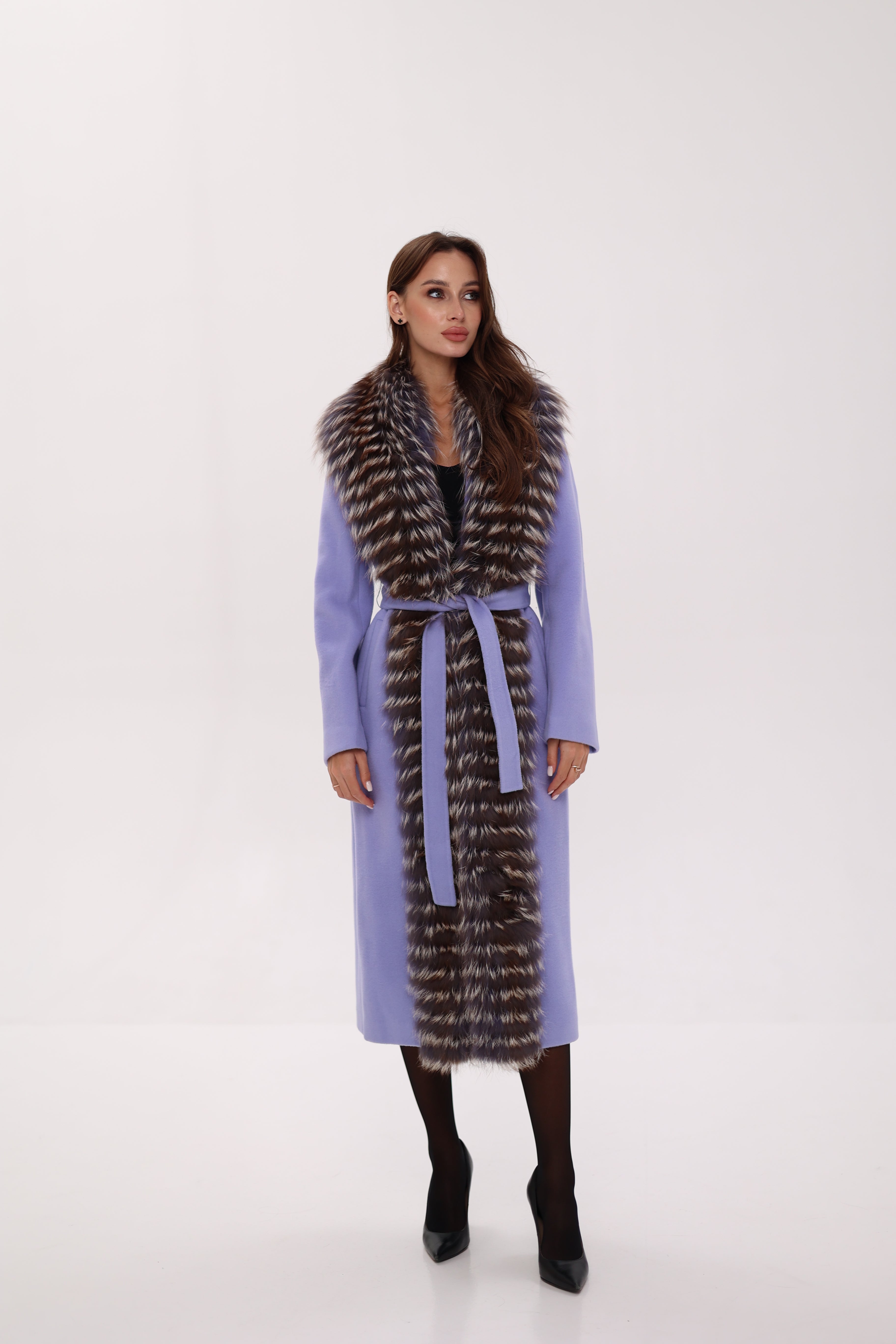 Genuine Silver Fox Virgin Wool Wrap Coat in Lavender - Energize Trek