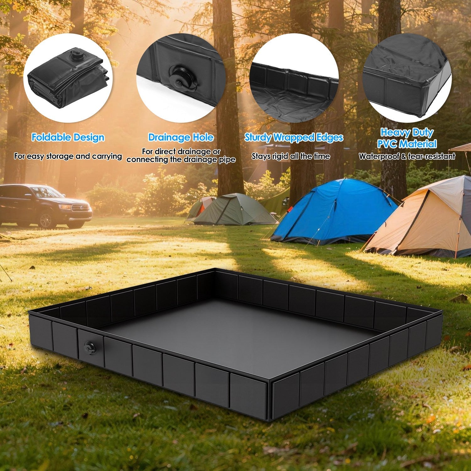 41x41x5.5in Portable Shower Pan Foldable Shower Basin Collapsible Camping Shower Tent Base with Detachable Drain Pipe for Indoor & Outdoor - Energize Trek