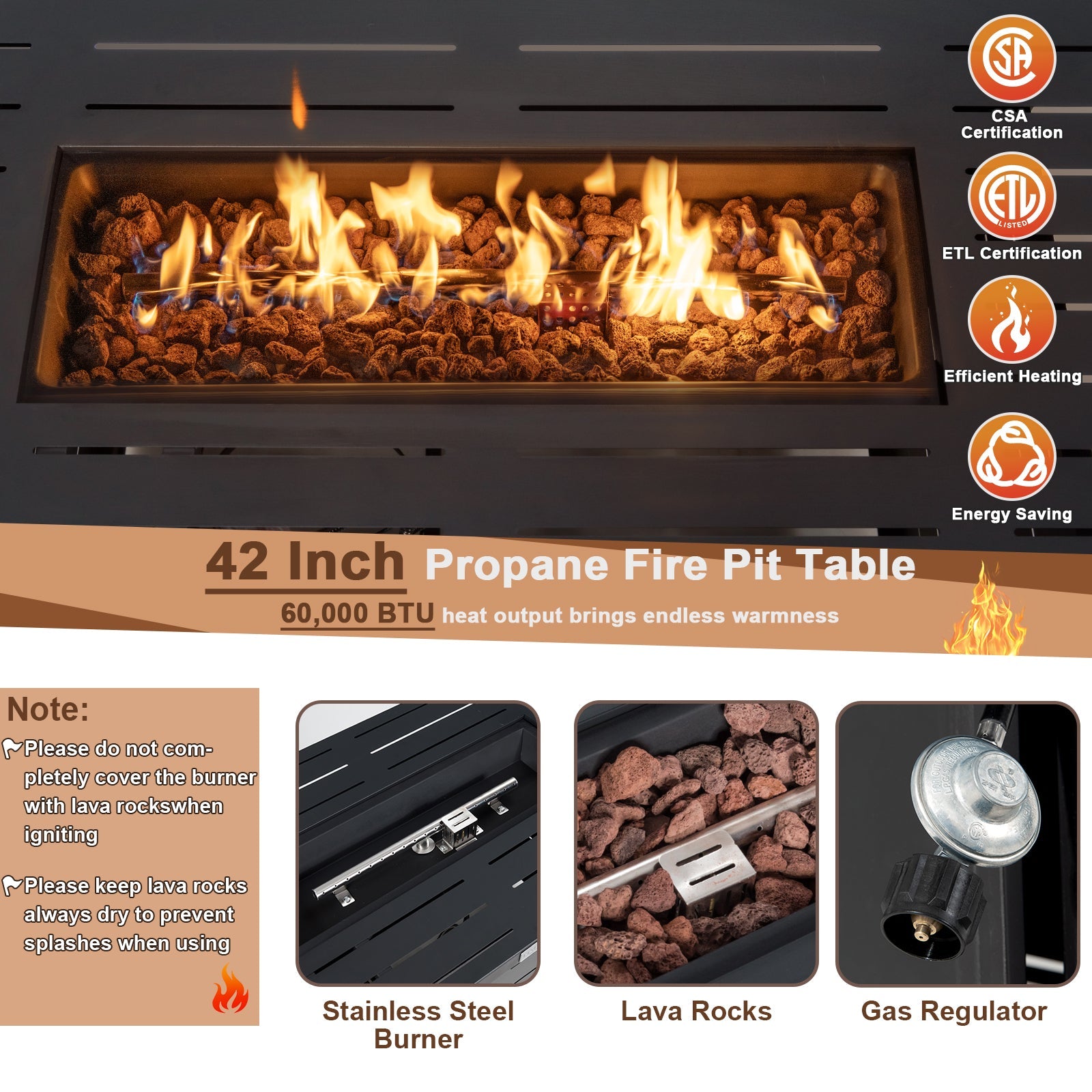 42 Inch 60 000 BTU Rectangular Propane Fire Pit Table with Waterproof Cover - Energize Trek