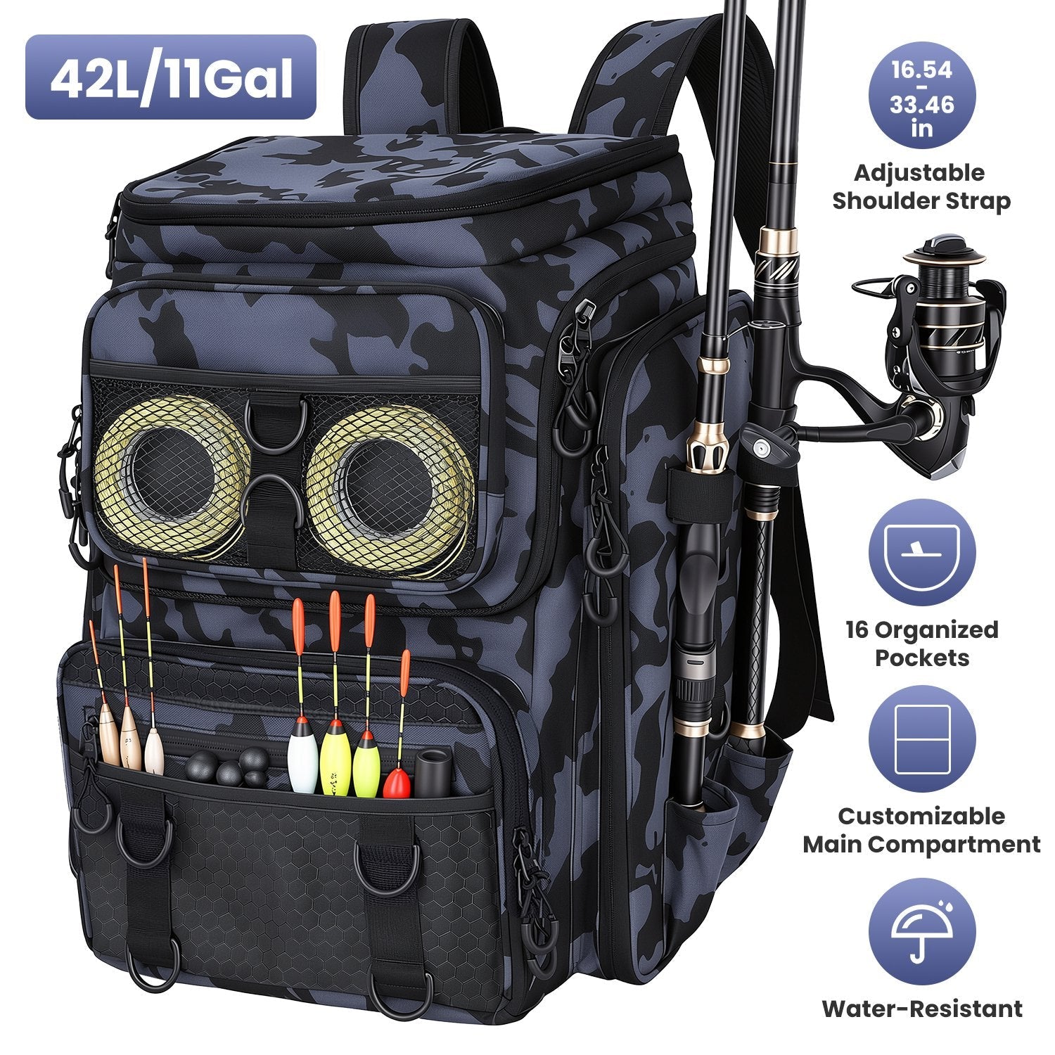 42L/11Gal Fishing Backpack Large Capacity Fishing Tackle Storage Bag with Rod Holders 16-Pocket Water-Resistant with Divider Adjustable Padded Straps - Energize Trek