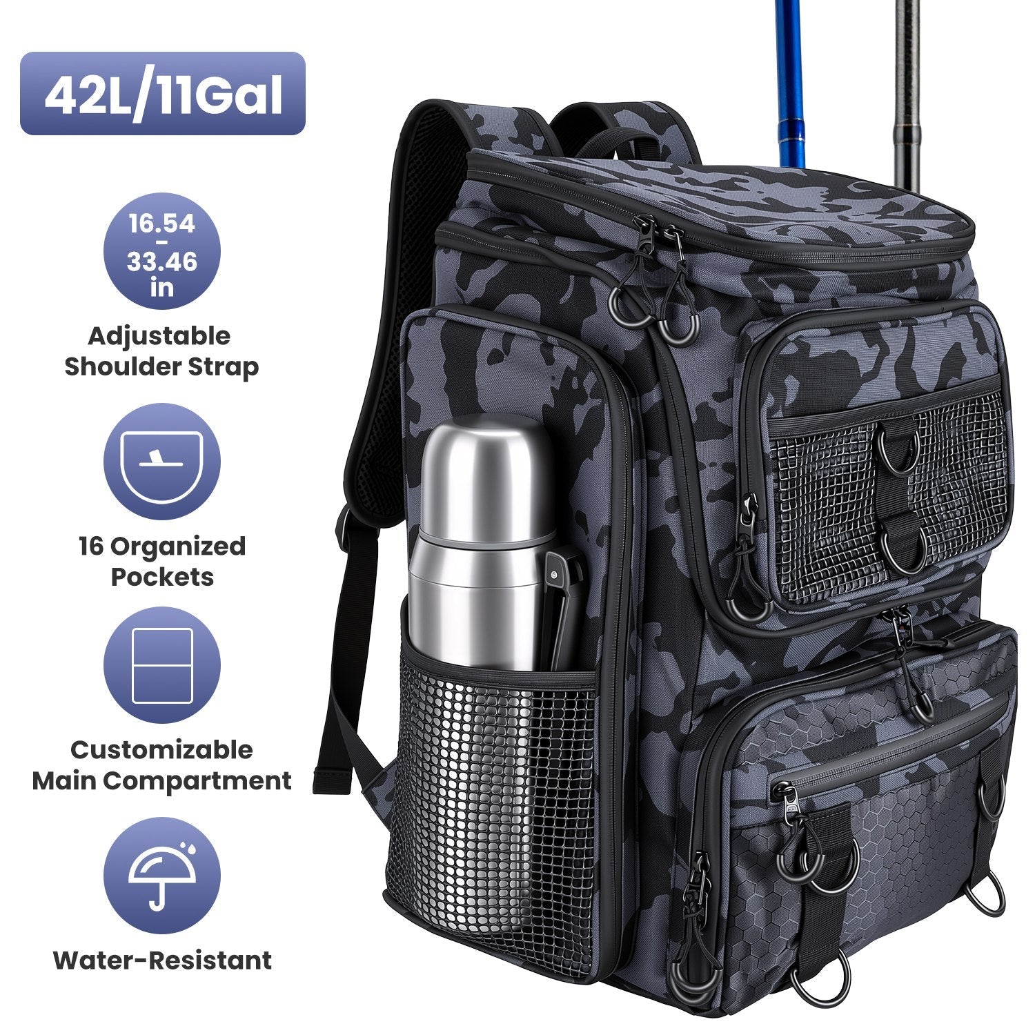 42L/11Gal Fishing Backpack Large Capacity Fishing Tackle Storage Bag with Rod Holders 16-Pocket Water-Resistant with Divider Adjustable Padded Straps - Energize Trek
