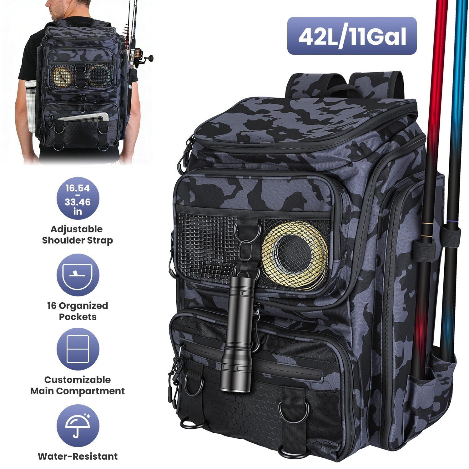 42L/11Gal Fishing Backpack Large Capacity Fishing Tackle Storage Bag with Rod Holders 16-Pocket Water-Resistant with Divider Adjustable Padded Straps - Energize Trek