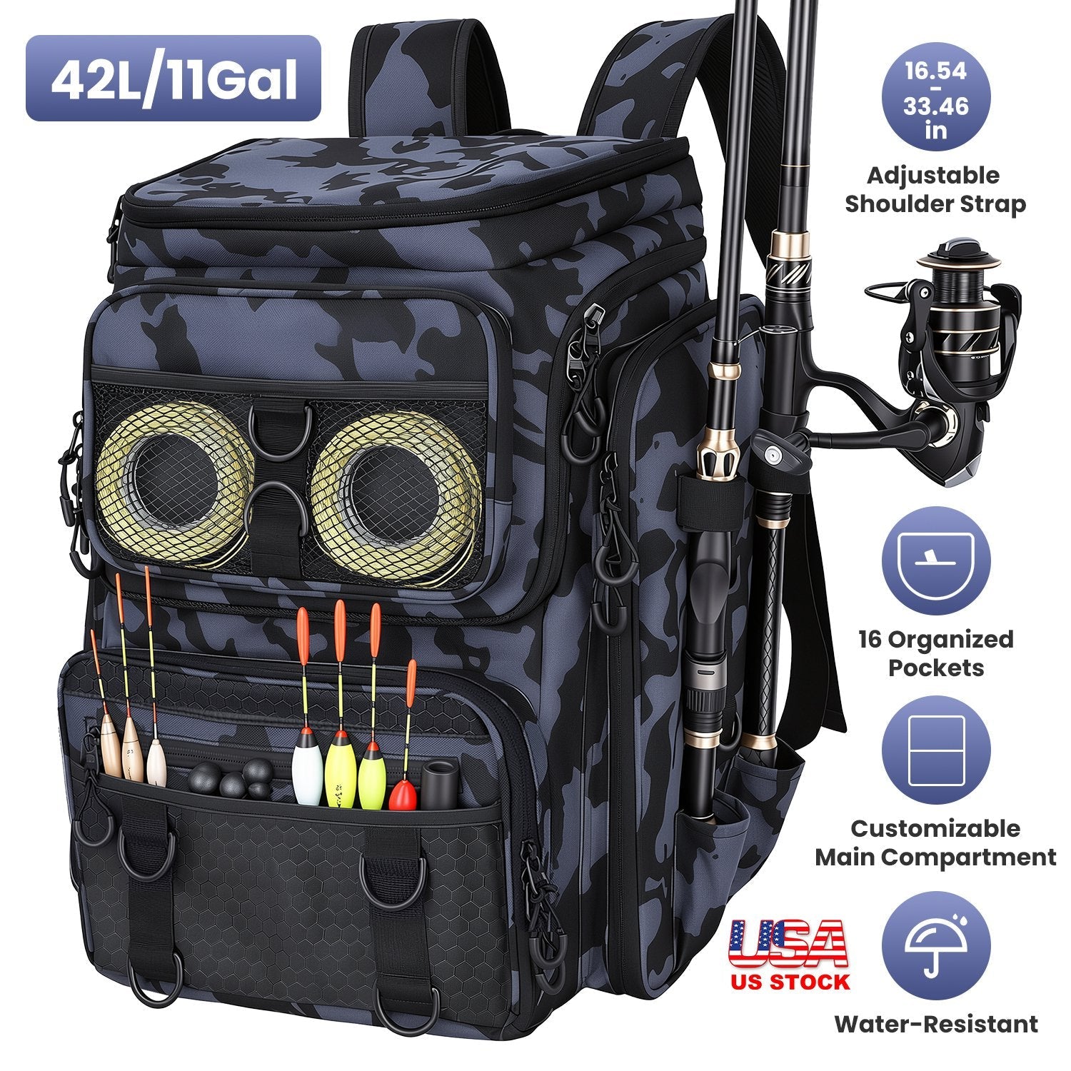 42L/11Gal Fishing Backpack Large Capacity Fishing Tackle Storage Bag with Rod Holders 16-Pocket Water-Resistant with Divider Adjustable Padded Straps - Energize Trek