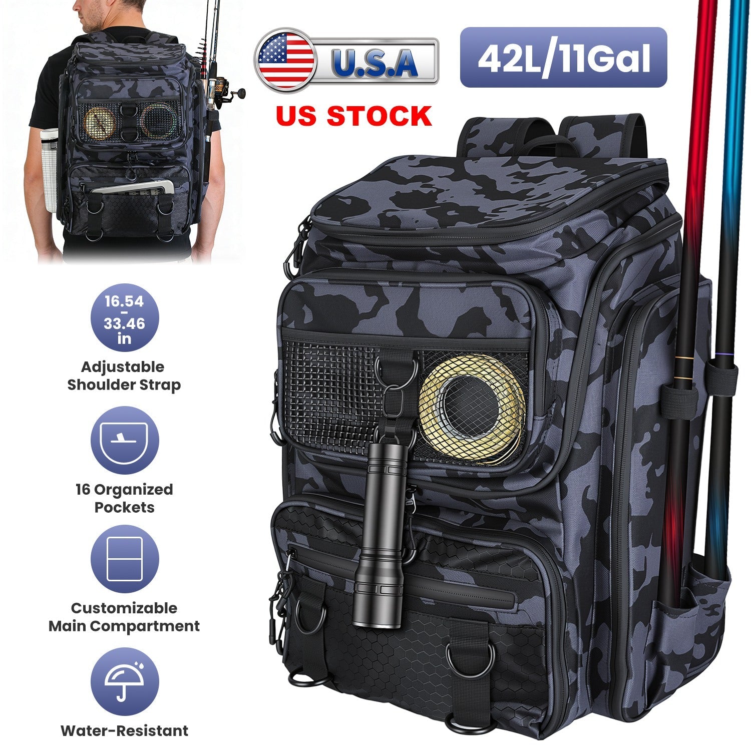 42L/11Gal Fishing Backpack Large Capacity Fishing Tackle Storage Bag with Rod Holders 16-Pocket Water-Resistant with Divider Adjustable Padded Straps - Energize Trek