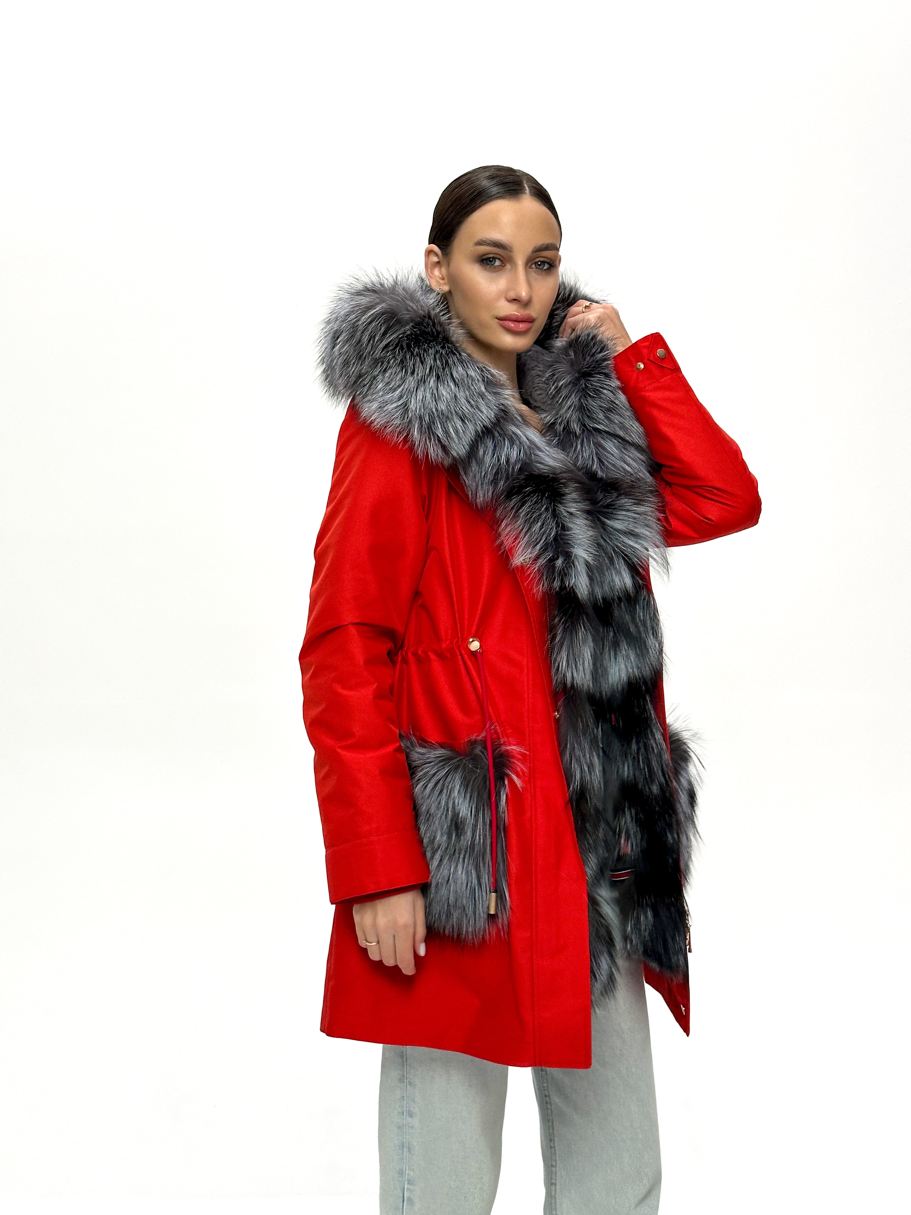 Roma Genuine Silver Fox Fur Rabbit Fur Insulated Parka in Red - Energize Trek