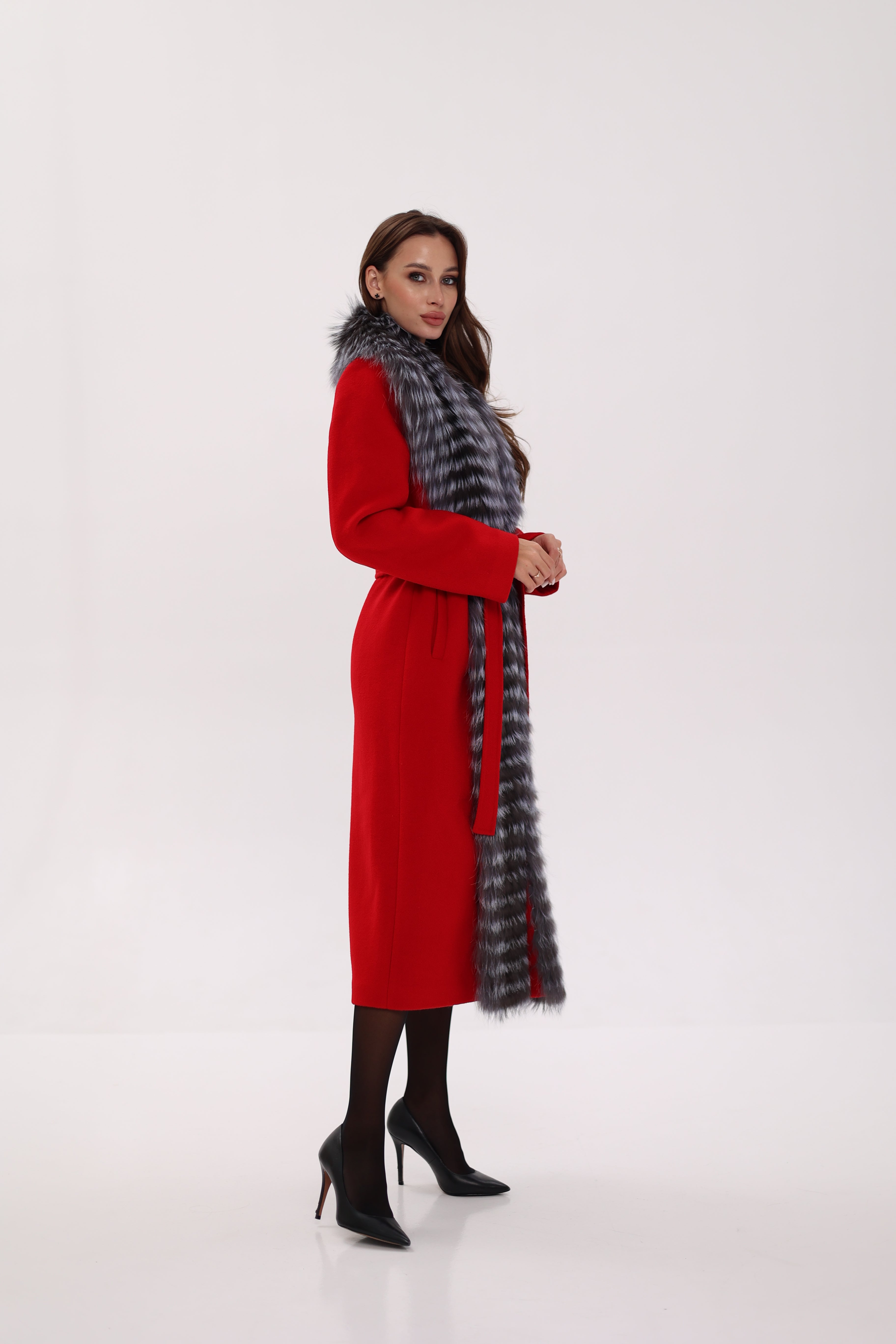 Genuine Silver Fox Virgin Wool Wrap Coat in Red - Energize Trek