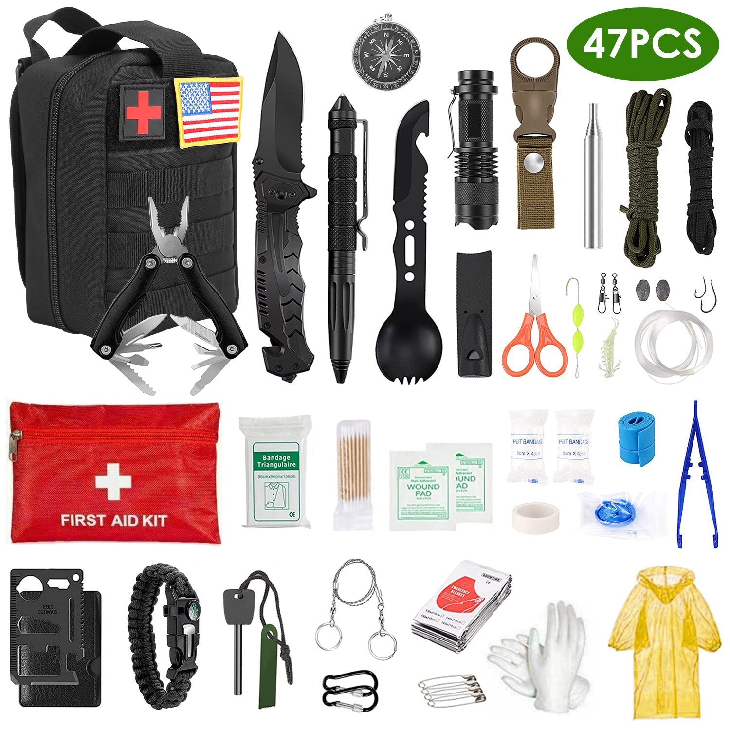 47Pcs Emergency Survival Kit Survival EDC Gear Equipment Tool First Aid Supplies Kit Tools with Pouch for Hiking Hunting Disaster Camping Adventure - Energize Trek