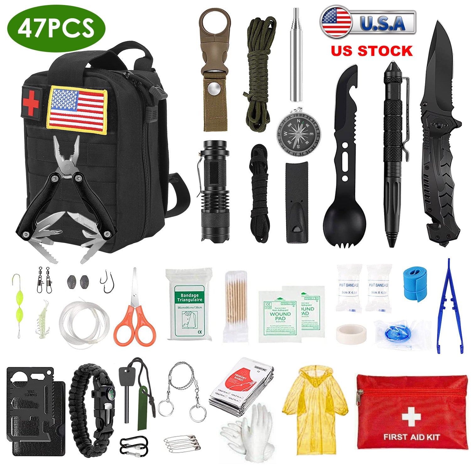 47Pcs Emergency Survival Kit Survival EDC Gear Equipment Tool First Aid Supplies Kit Tools with Pouch for Hiking Hunting Disaster Camping Adventure - Energize Trek