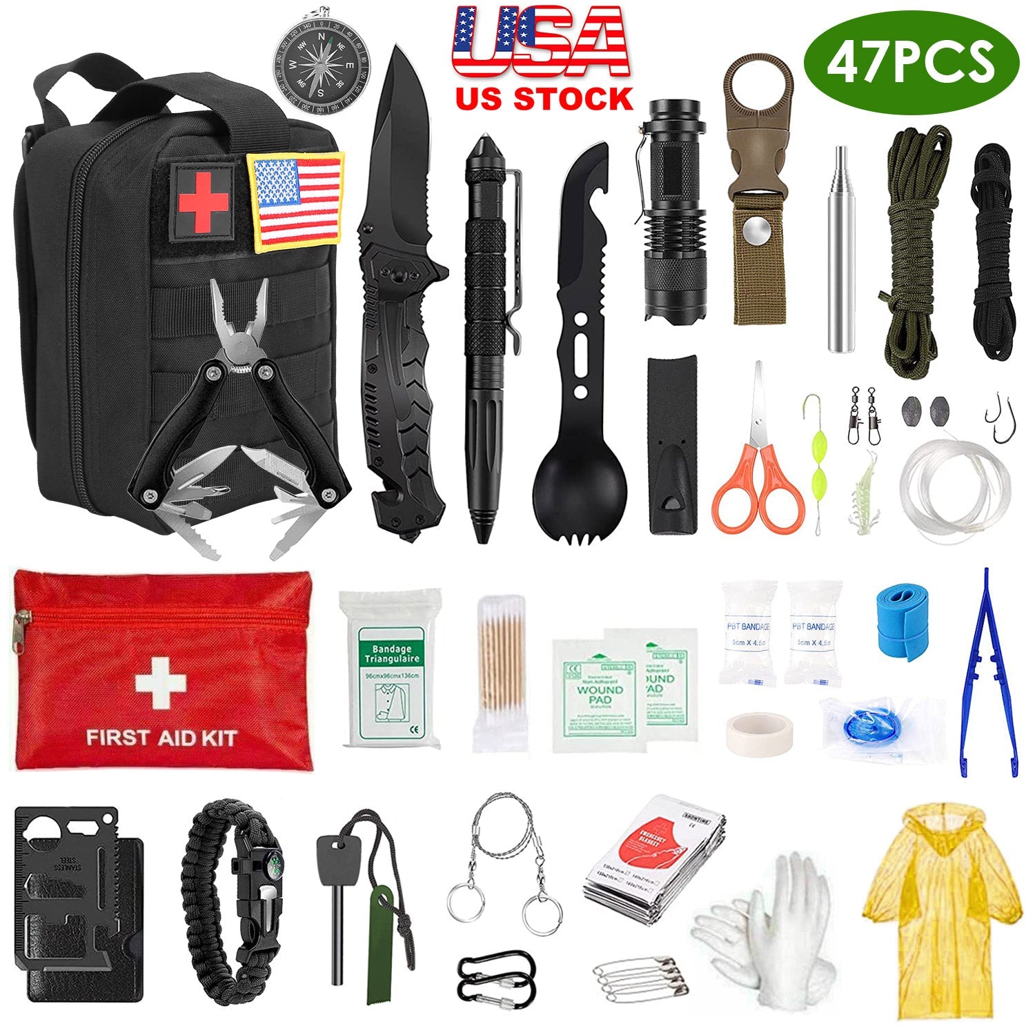 47Pcs Emergency Survival Kit Survival EDC Gear Equipment Tool First Aid Supplies Kit Tools with Pouch for Hiking Hunting Disaster Camping Adventure - Energize Trek