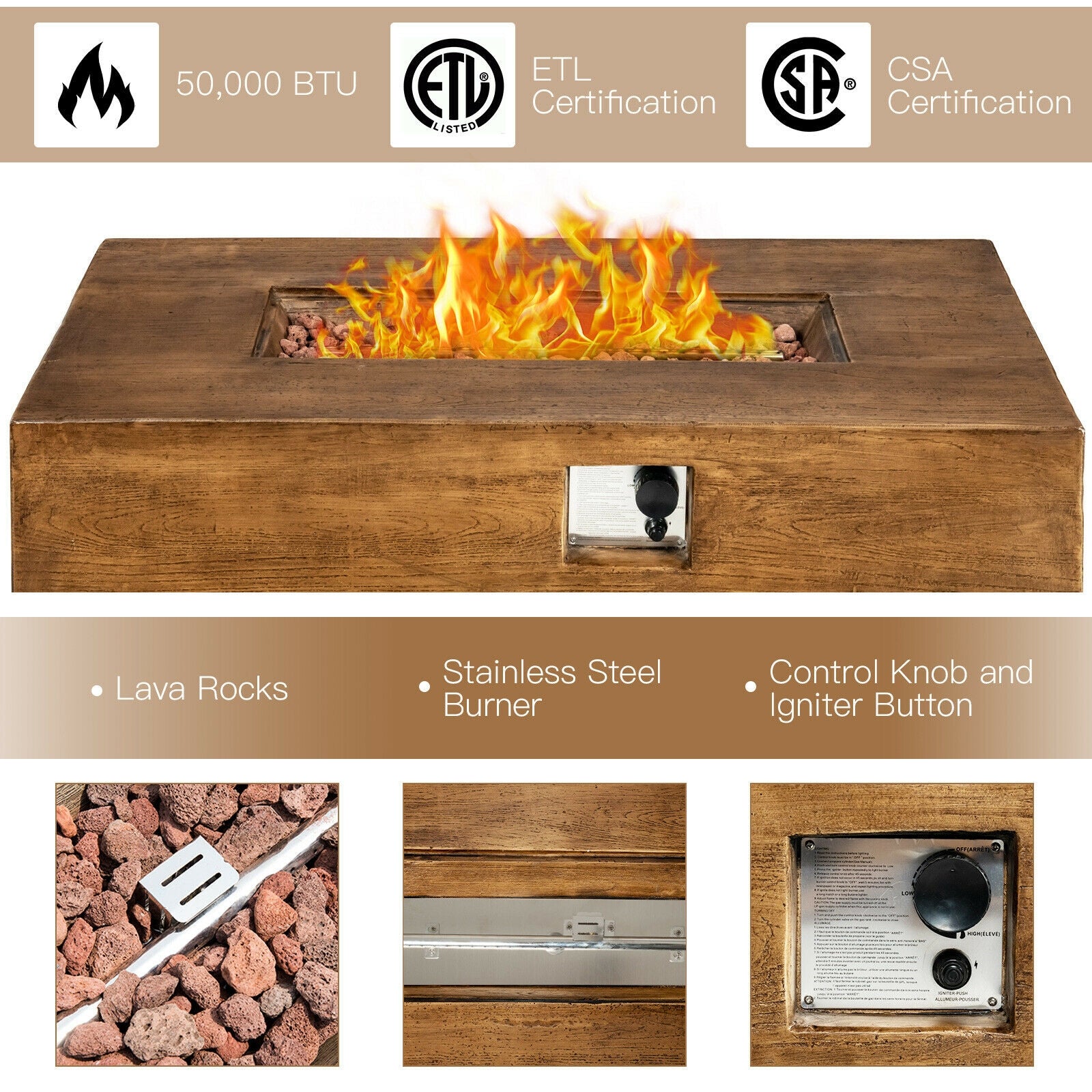 48 x 27 Inch Outdoor Gas Fire Pit Table 50 000 BTU with Lava Rocks and Cover - Energize Trek