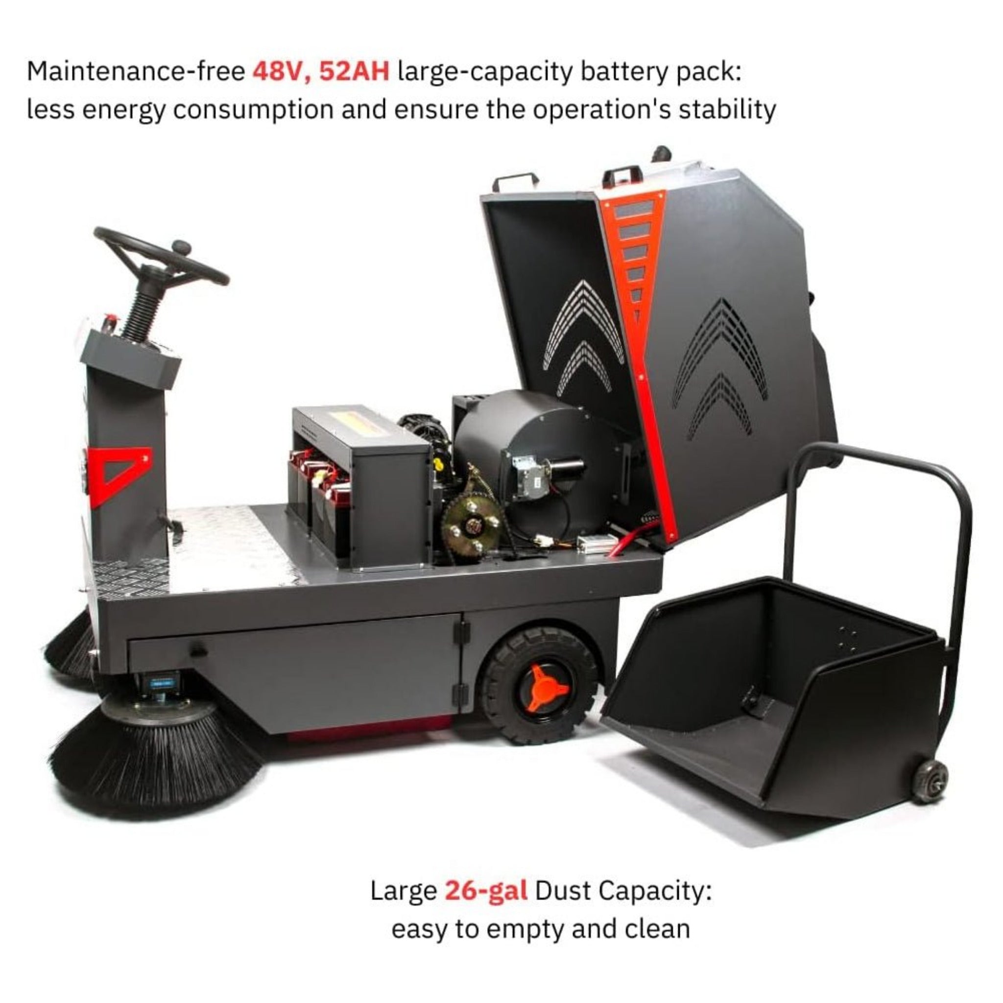 49" Heavy Duty Electric Industrial Ride-On Floor Sweeper With Dust Bin, 1400W (SAK18436) - Energize Trek